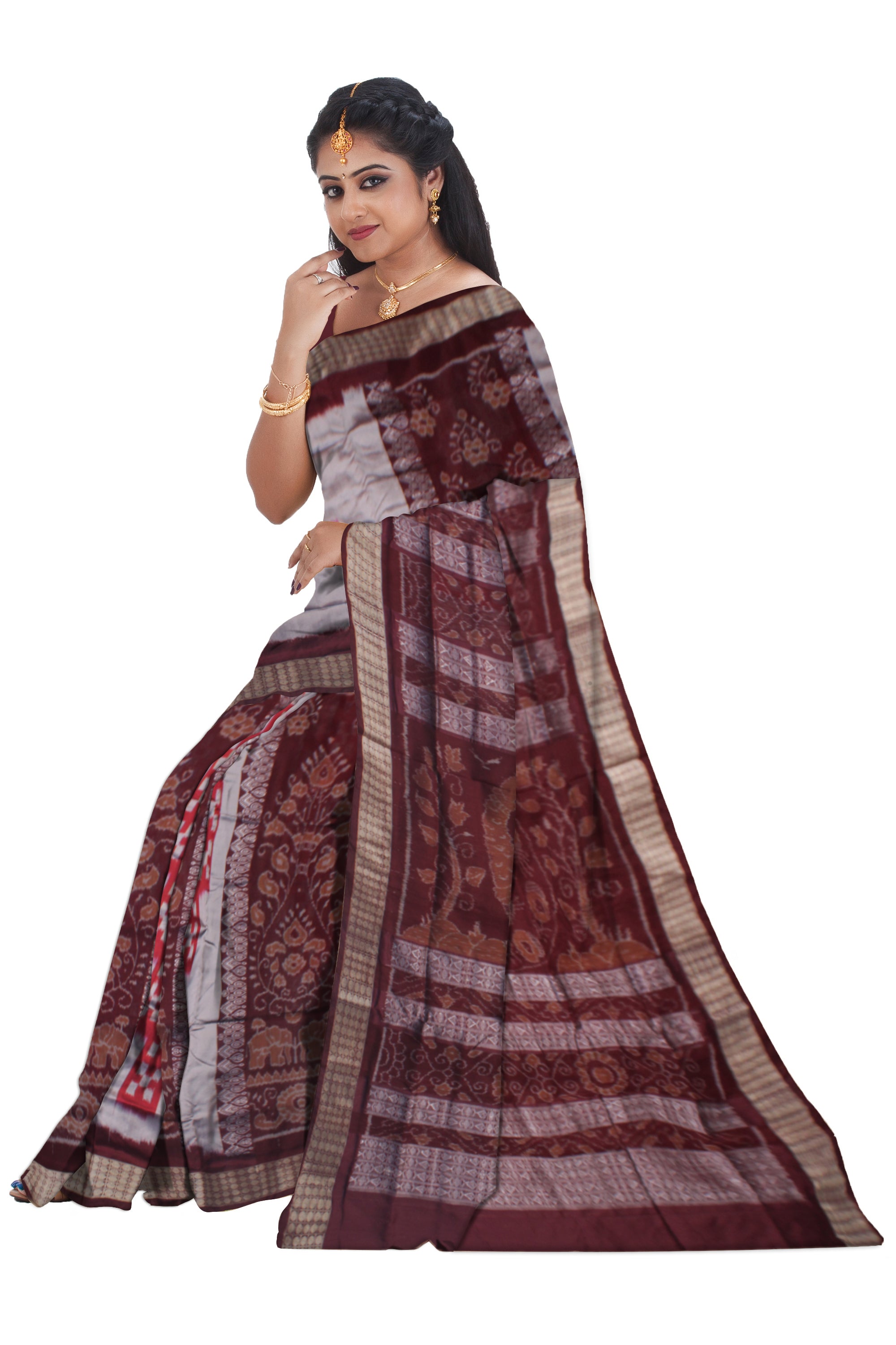 SAPTA WITH BANDHA PATTERN BOMKEI PATA SAREE IS SILVER, RED AND COFFEE COLOR. WITH MATCHING BLOUSE PIECE. - Koshali Arts & Crafts Enterprise