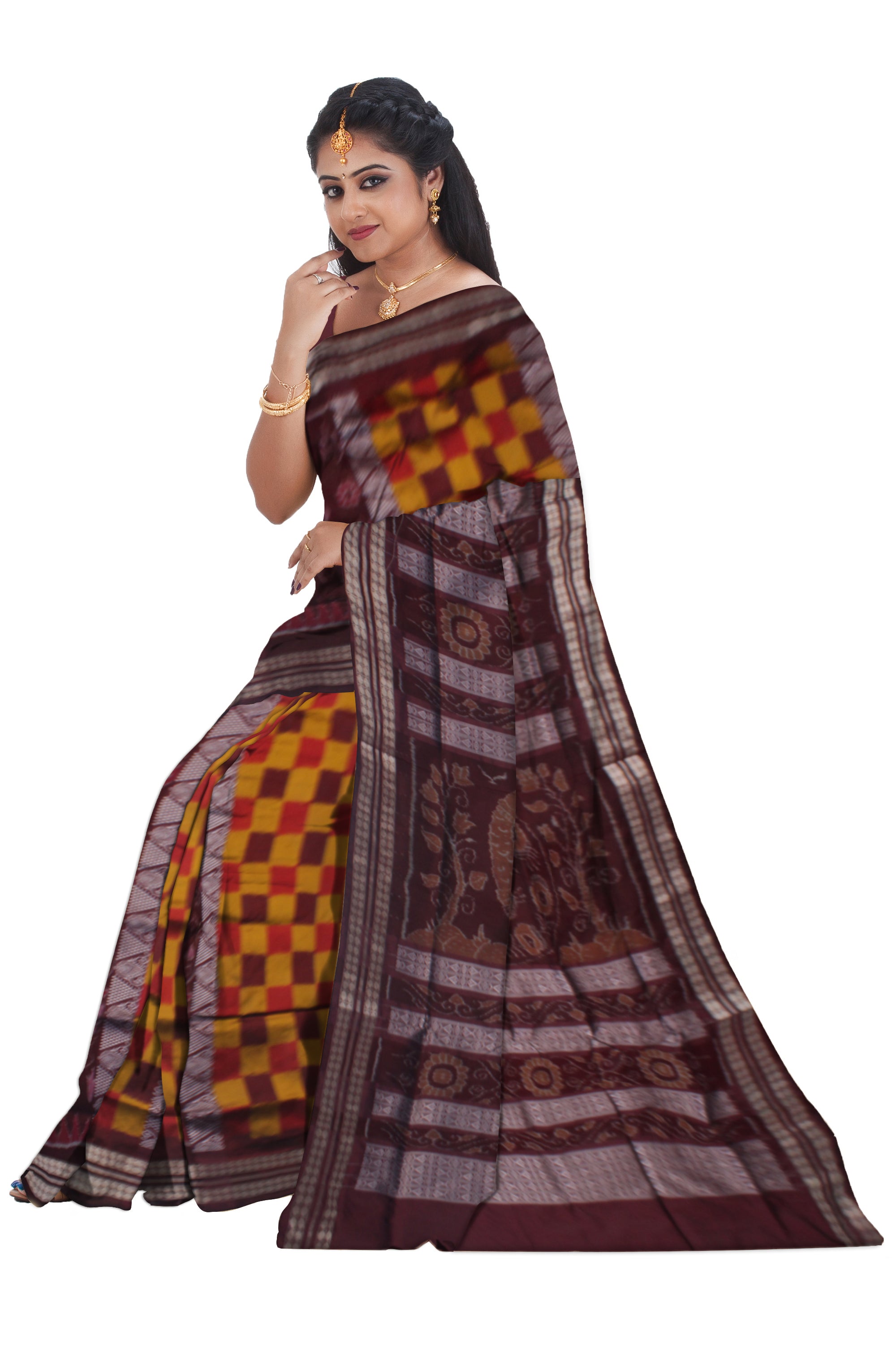 LATEST COLLECTION PASAPALI WITH BANDHA PATTERN BOMKEI PATA SAREE IS YELLOW AND COFFEE COLOR, WITH MATCHING BLOUSE PIECE. - Koshali Arts & Crafts Enterprise