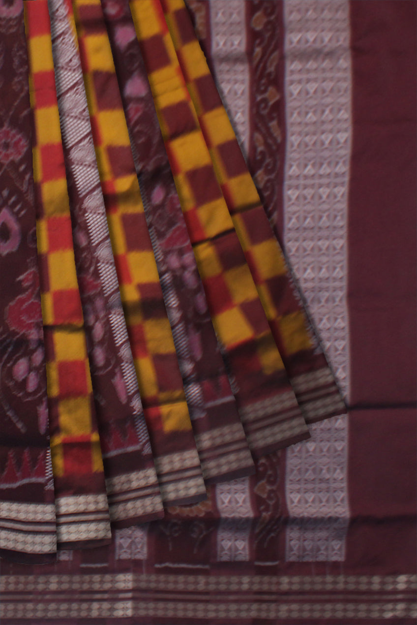 LATEST COLLECTION PASAPALI WITH BANDHA PATTERN BOMKEI PATA SAREE IS YELLOW AND COFFEE COLOR, WITH MATCHING BLOUSE PIECE. - Koshali Arts & Crafts Enterprise