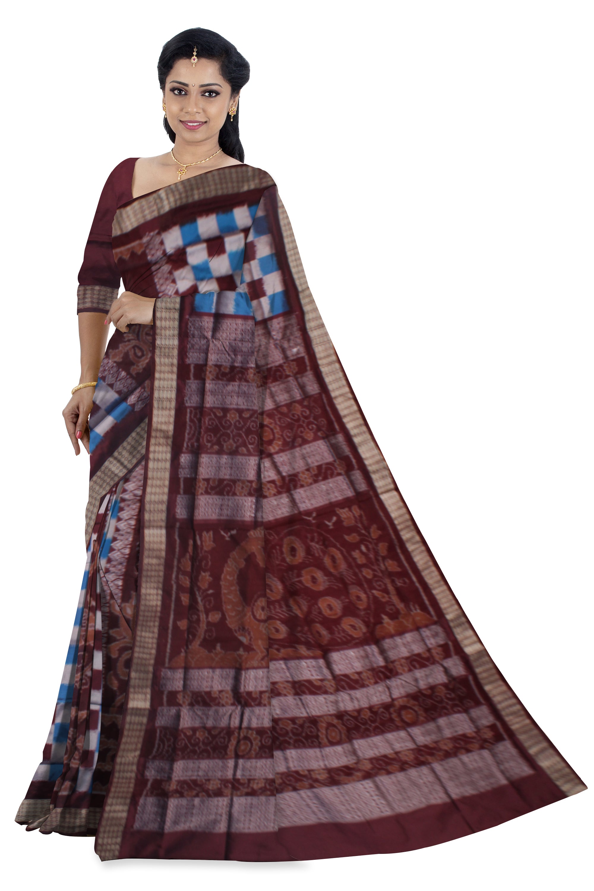 PASAPALI WITH PEACOCK PRINT BOMKEI PATA SAREE IS SLY AND COFFEE COLOR ,COMES WITH MATCHING BLOUSE PIECE. - Koshali Arts & Crafts Enterprise