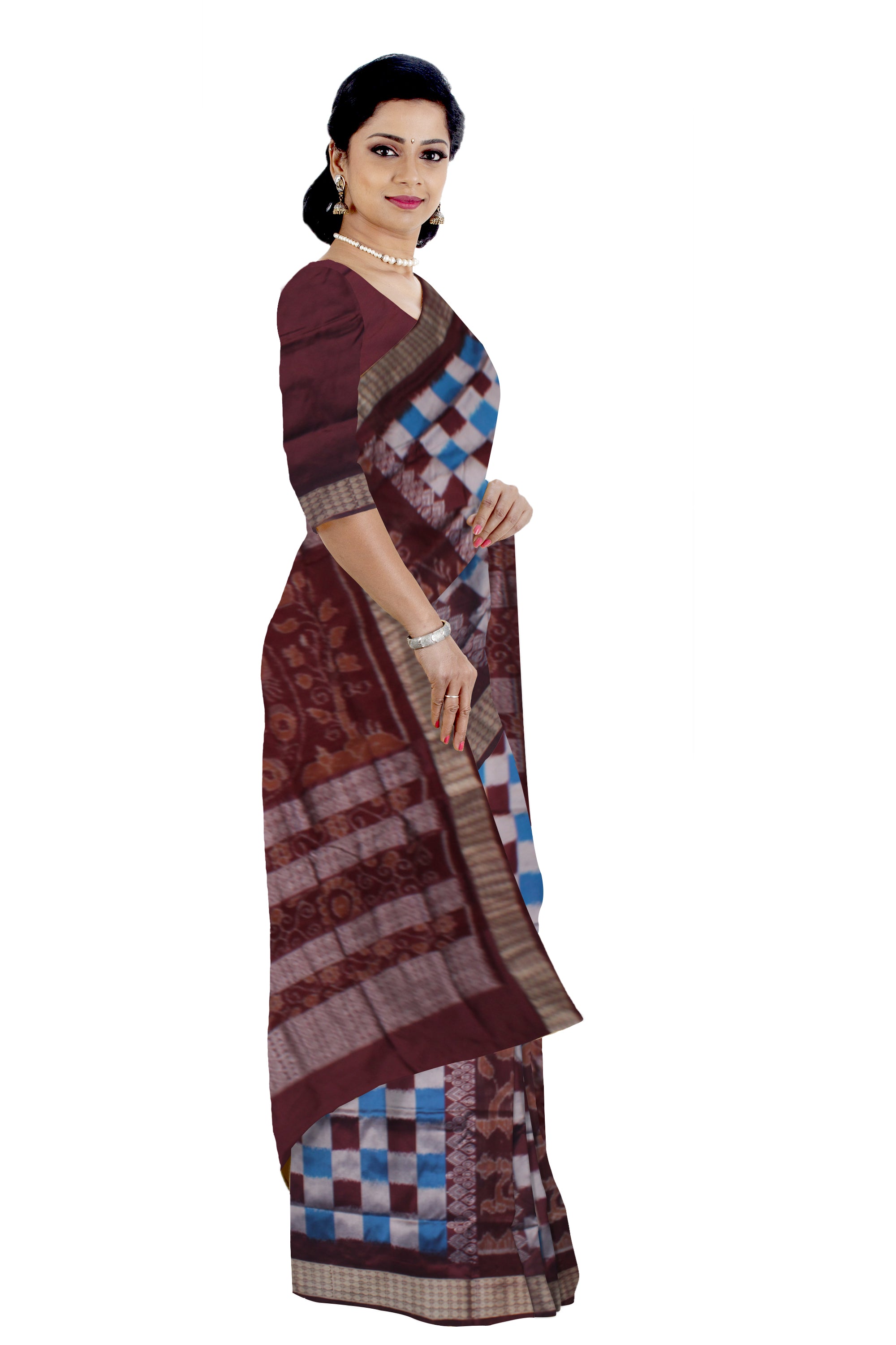 PASAPALI WITH PEACOCK PRINT BOMKEI PATA SAREE IS SLY AND COFFEE COLOR ,COMES WITH MATCHING BLOUSE PIECE. - Koshali Arts & Crafts Enterprise