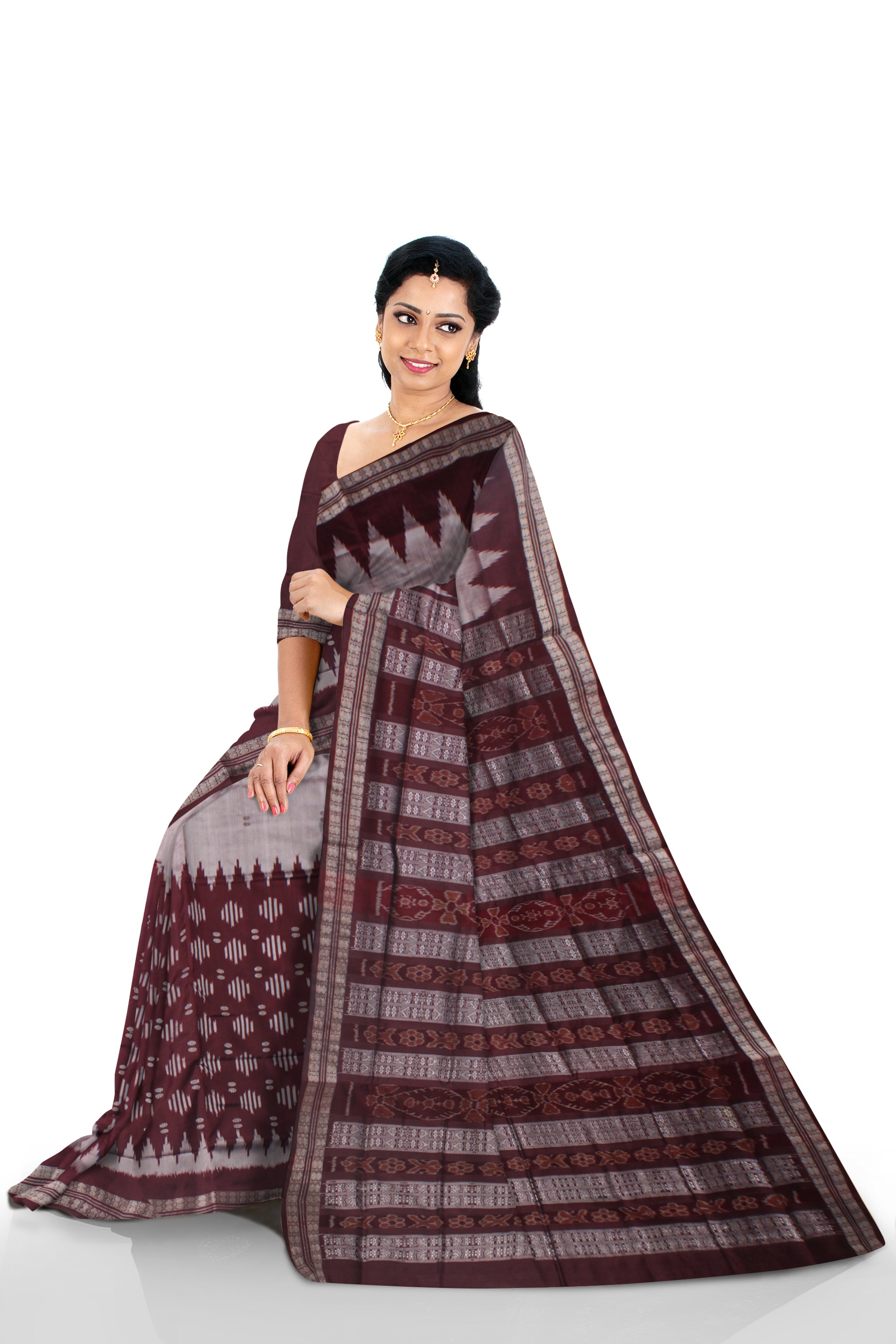 SILVER AND COFFEE COLOR IKAT PATTERN PATA SAREE, COMES WITH MATCHING BLOUSE PIECE. - Koshali Arts & Crafts Enterprise