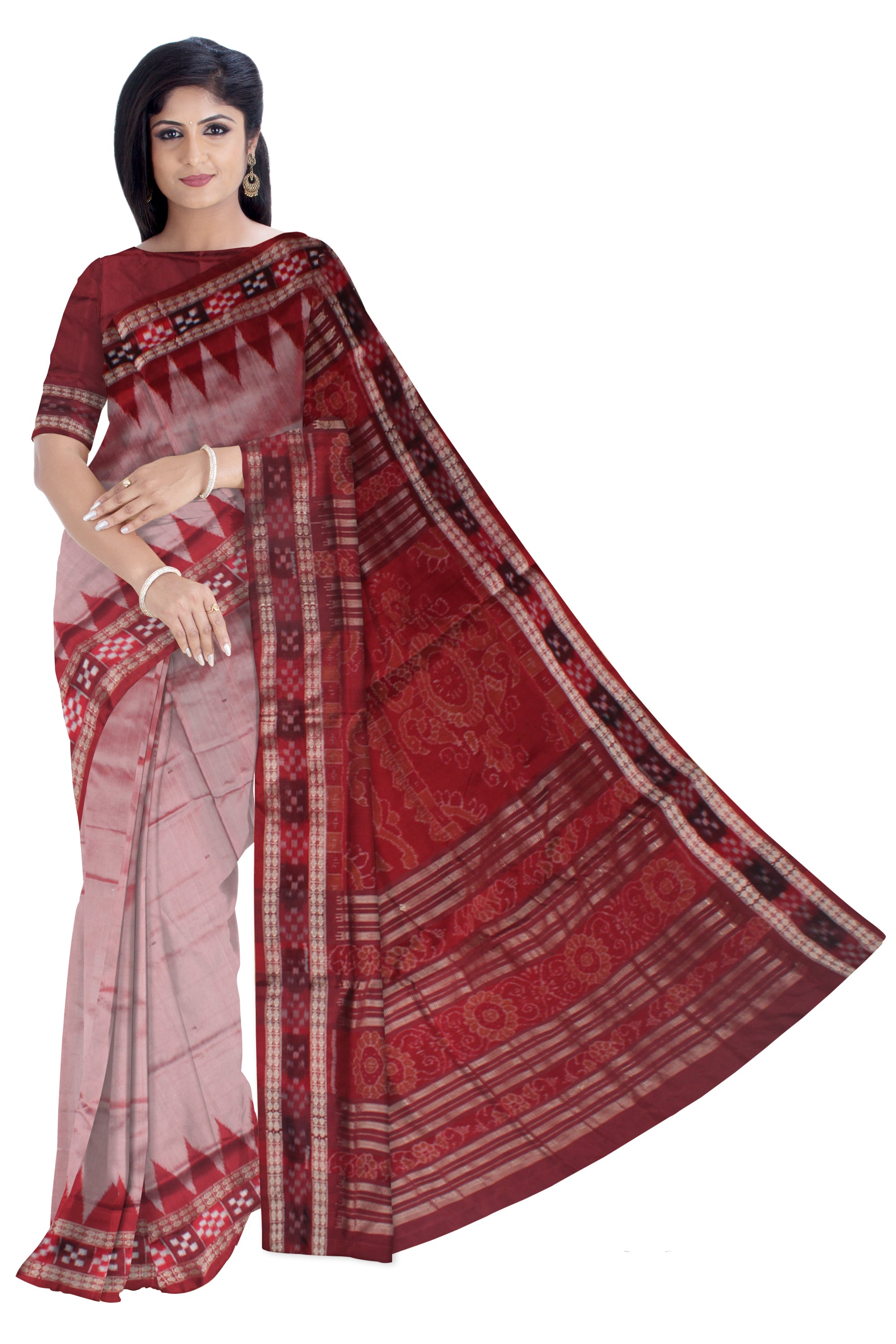 SILVER AND MAROON COLOR DHADI SAPTA PATA SAREE, WITH MATCHING BLOUSE PIECE. - Koshali Arts & Crafts Enterprise