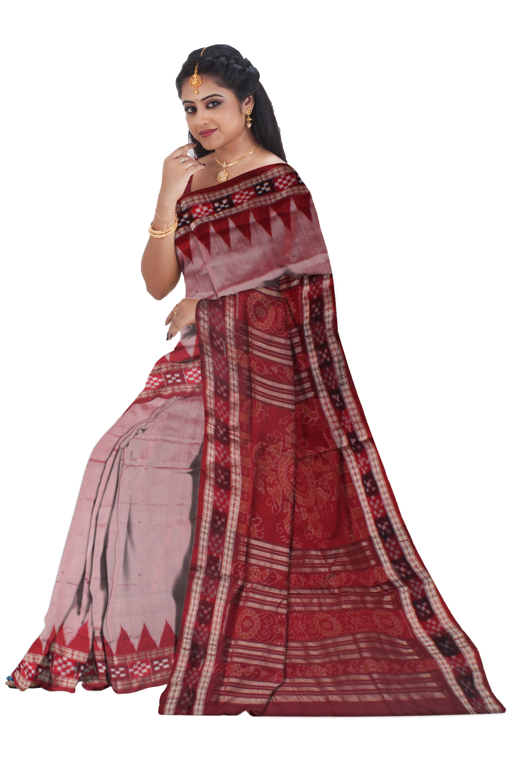 SILVER AND MAROON COLOR DHADI SAPTA PATA SAREE, WITH MATCHING BLOUSE PIECE. - Koshali Arts & Crafts Enterprise
