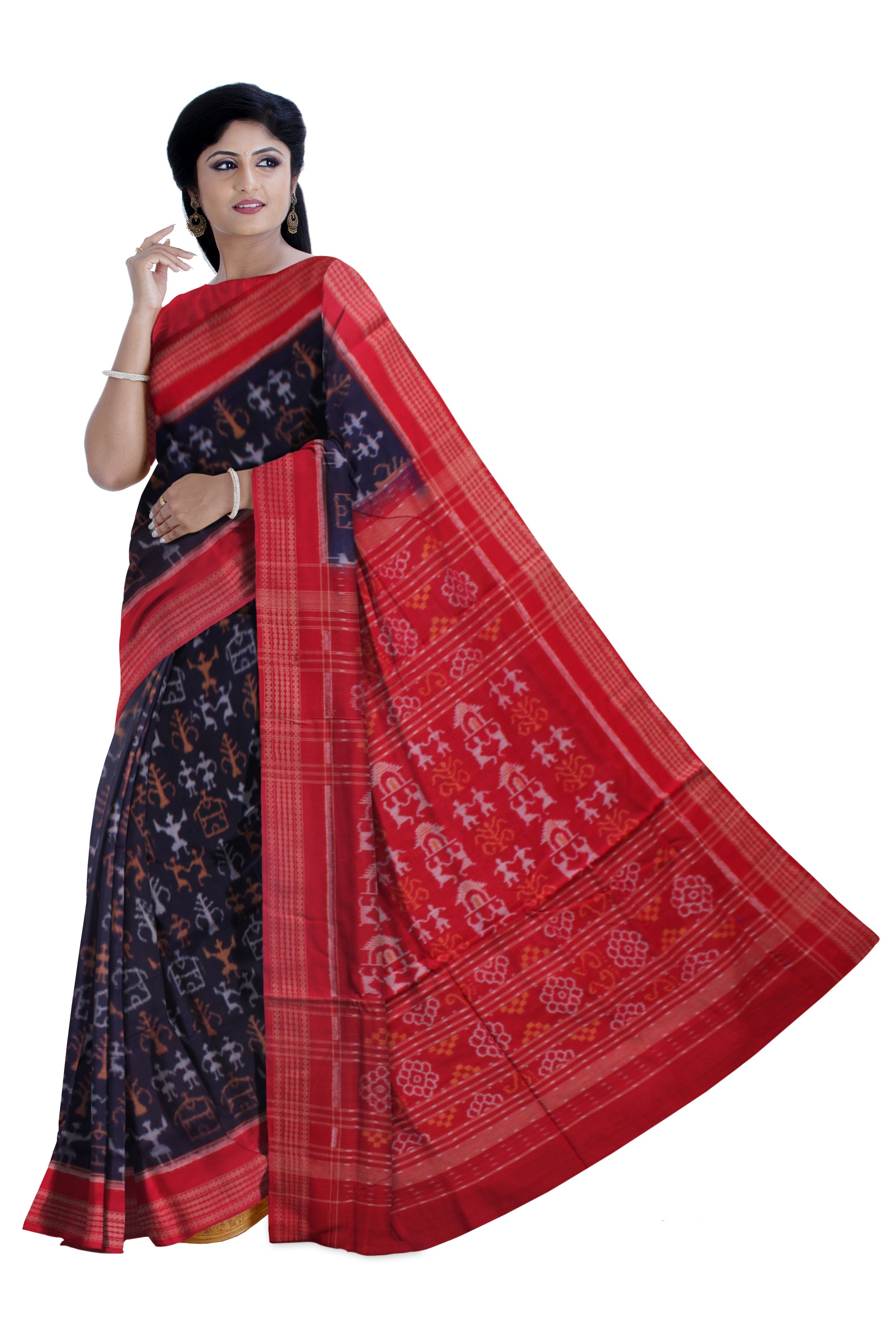 TRADITIONAL TERRACOTTA PATTERN BLUE AND RED COLOR PURE COTTON SAREE,WITH MATCHING BLOUSE PIECE. - Koshali Arts & Crafts Enterprise