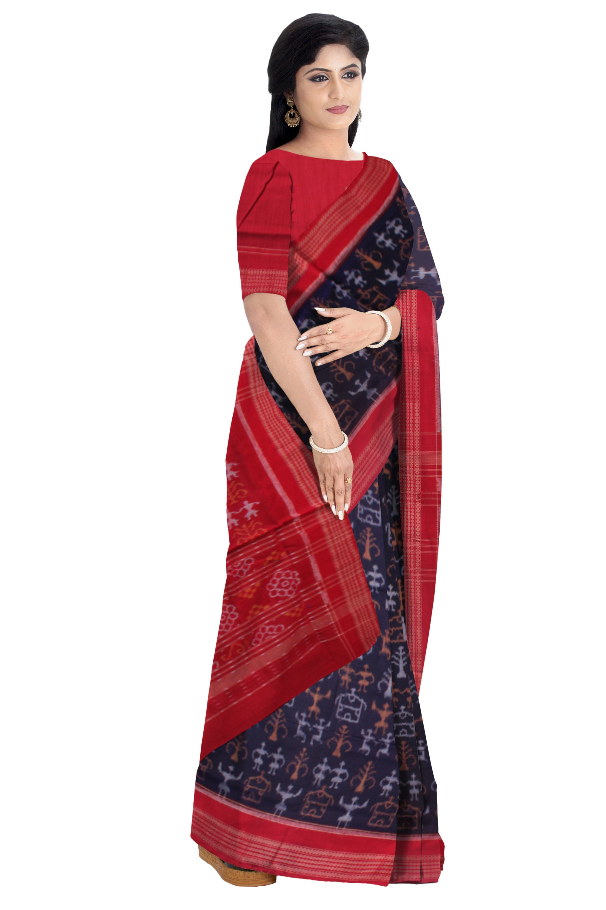 TRADITIONAL TERRACOTTA PATTERN BLUE AND RED COLOR PURE COTTON SAREE,WITH MATCHING BLOUSE PIECE. - Koshali Arts & Crafts Enterprise