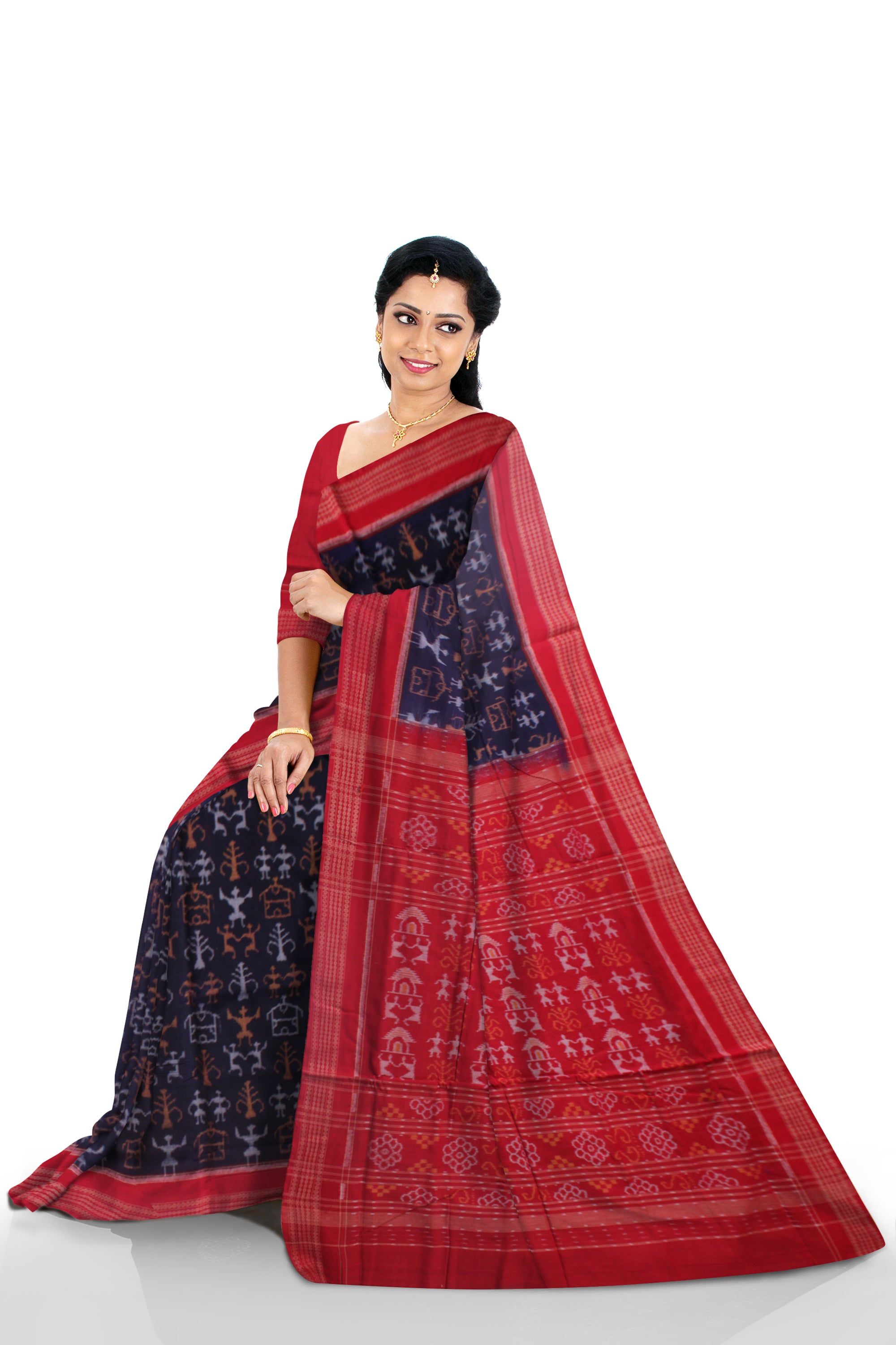 TRADITIONAL TERRACOTTA PATTERN BLUE AND RED COLOR PURE COTTON SAREE,WITH MATCHING BLOUSE PIECE. - Koshali Arts & Crafts Enterprise