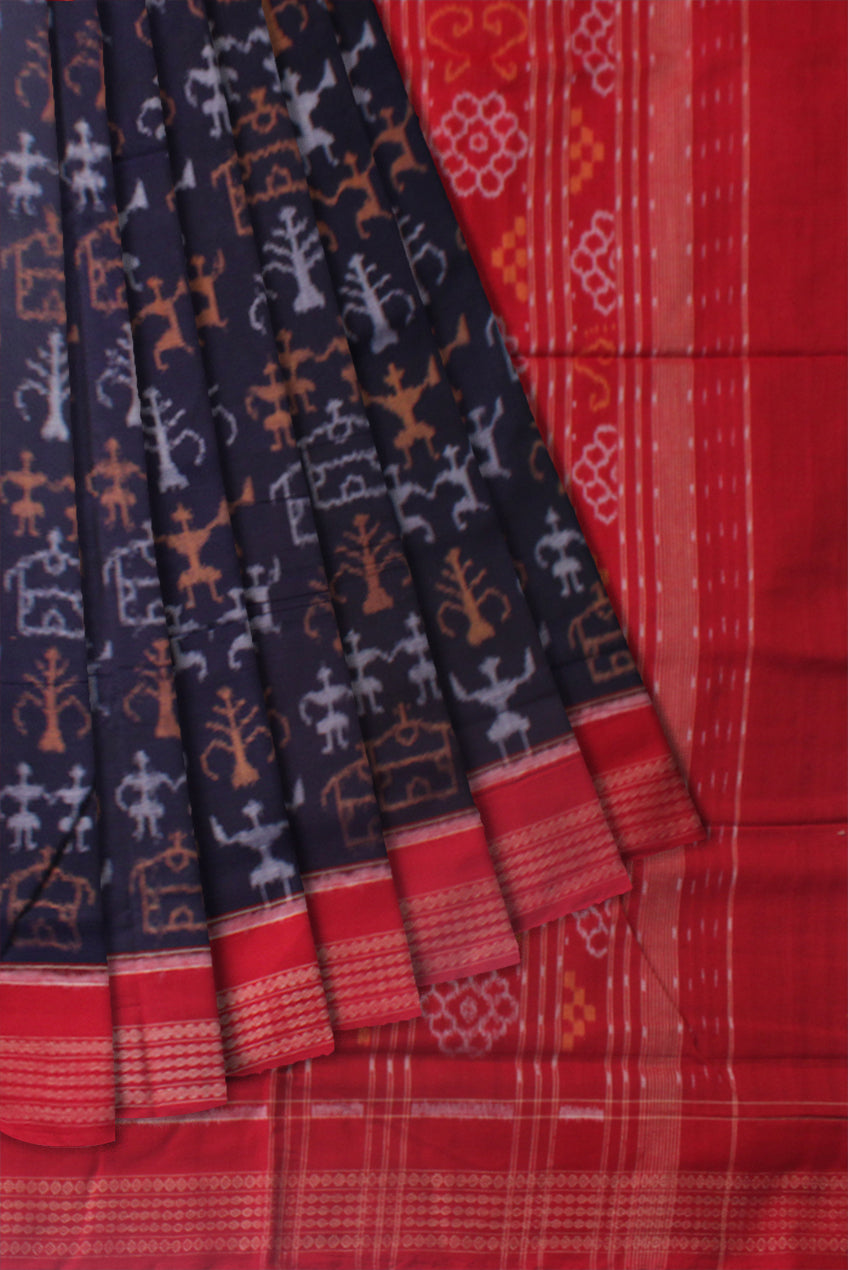 TRADITIONAL TERRACOTTA PATTERN BLUE AND RED COLOR PURE COTTON SAREE,WITH MATCHING BLOUSE PIECE. - Koshali Arts & Crafts Enterprise