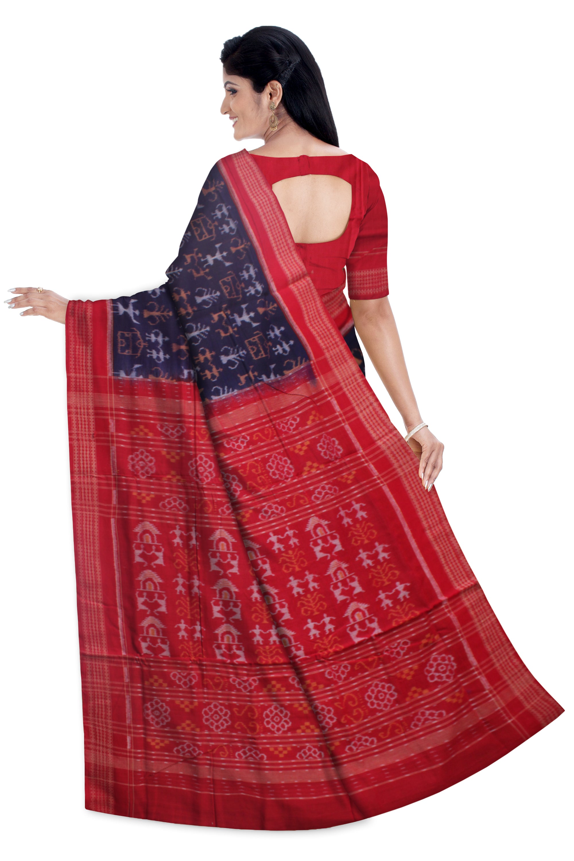 TRADITIONAL TERRACOTTA PATTERN BLUE AND RED COLOR PURE COTTON SAREE,WITH MATCHING BLOUSE PIECE. - Koshali Arts & Crafts Enterprise