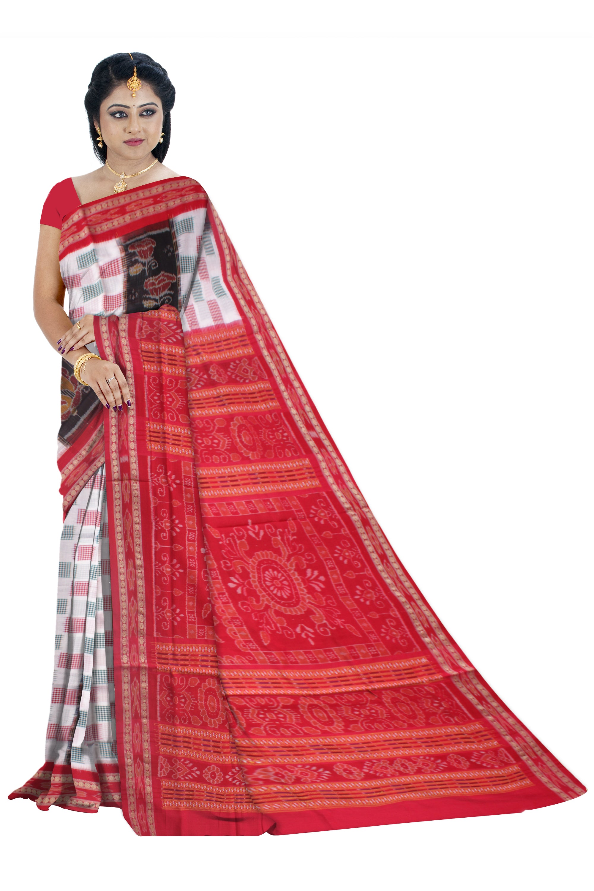 WHITE, BLACK AND RED COLOR PURE COTTON SAREE , WITH OUT BLOUSE PIECE. - Koshali Arts & Crafts Enterprise