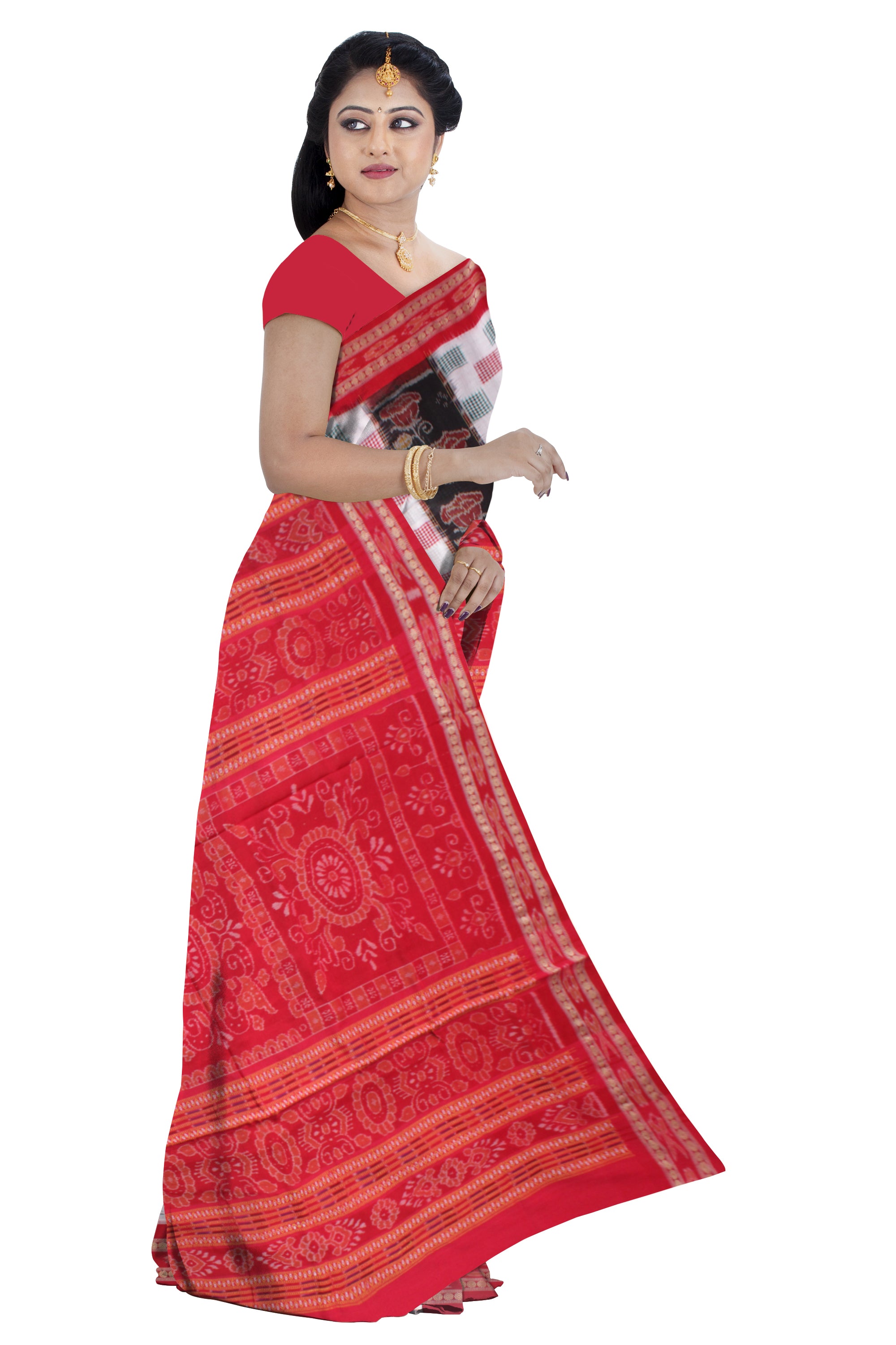 WHITE, BLACK AND RED COLOR PURE COTTON SAREE , WITH OUT BLOUSE PIECE. - Koshali Arts & Crafts Enterprise