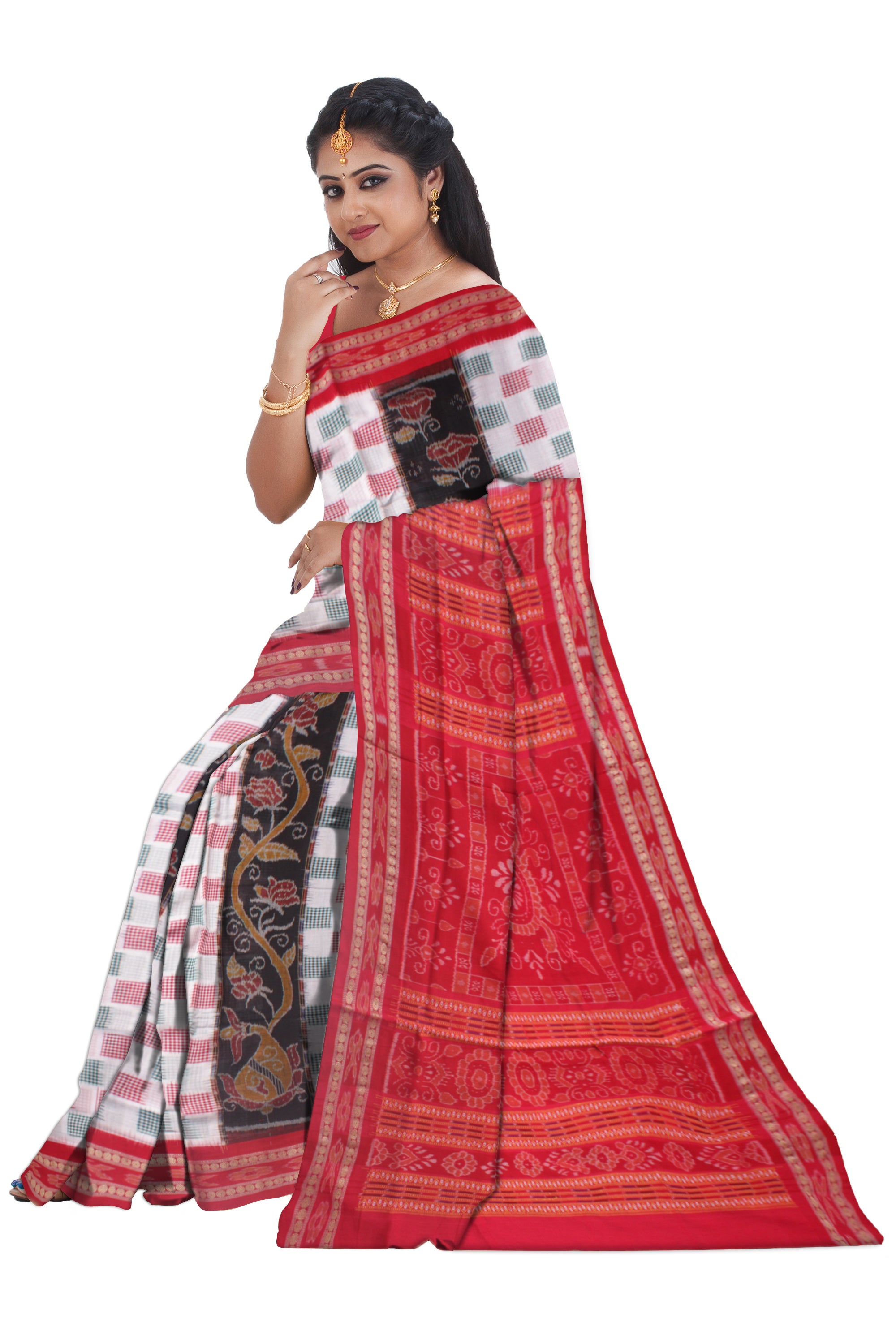 WHITE, BLACK AND RED COLOR PURE COTTON SAREE , WITH OUT BLOUSE PIECE. - Koshali Arts & Crafts Enterprise