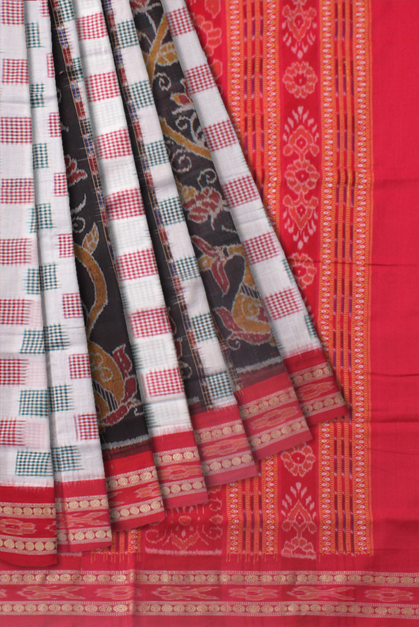 WHITE, BLACK AND RED COLOR PURE COTTON SAREE , WITH OUT BLOUSE PIECE. - Koshali Arts & Crafts Enterprise