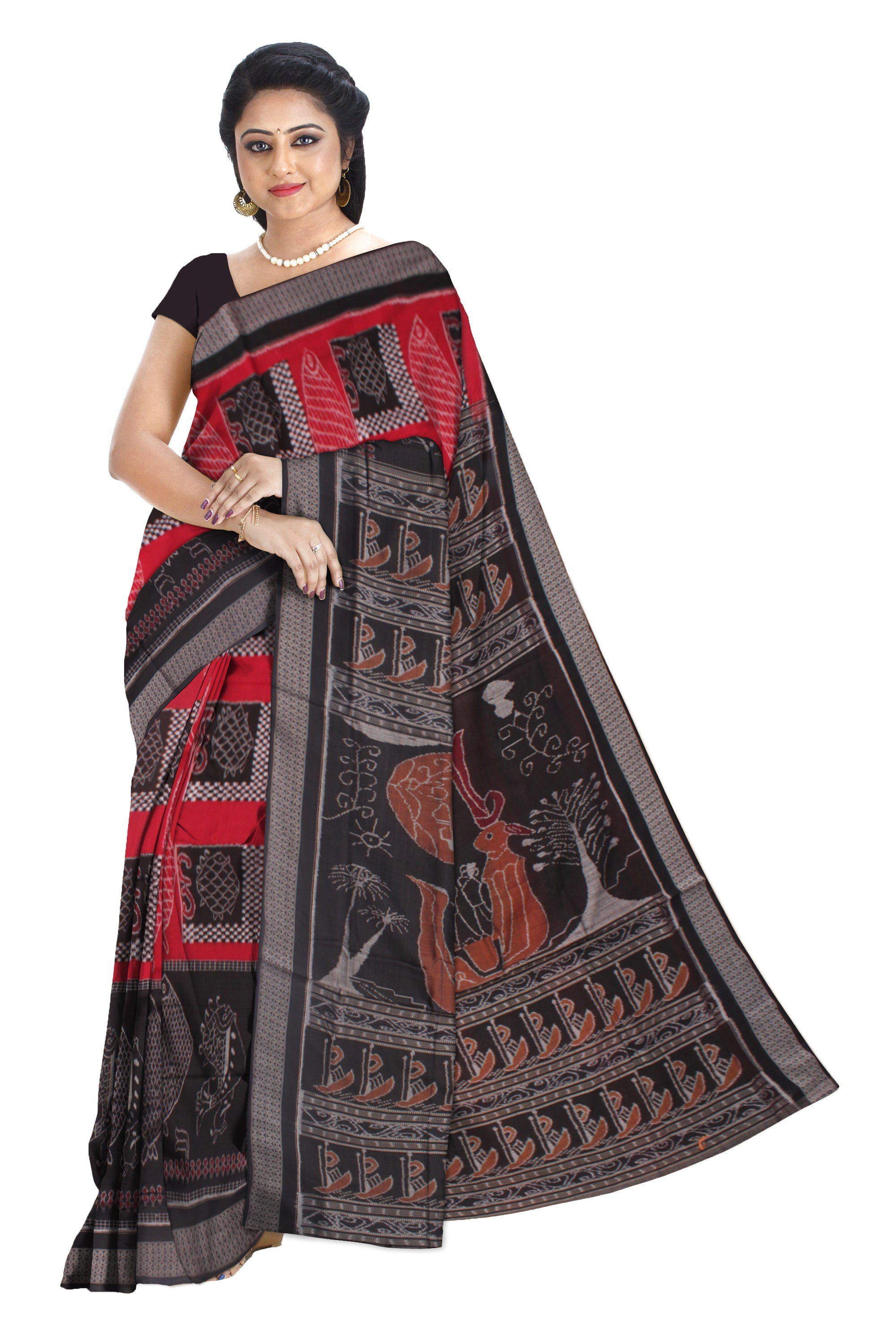 MAROON AND BLACK COLOR FISH PATTERN PURE OOTTON SAREE, WITHOUT BLOUSE PIECE. - Koshali Arts & Crafts Enterprise