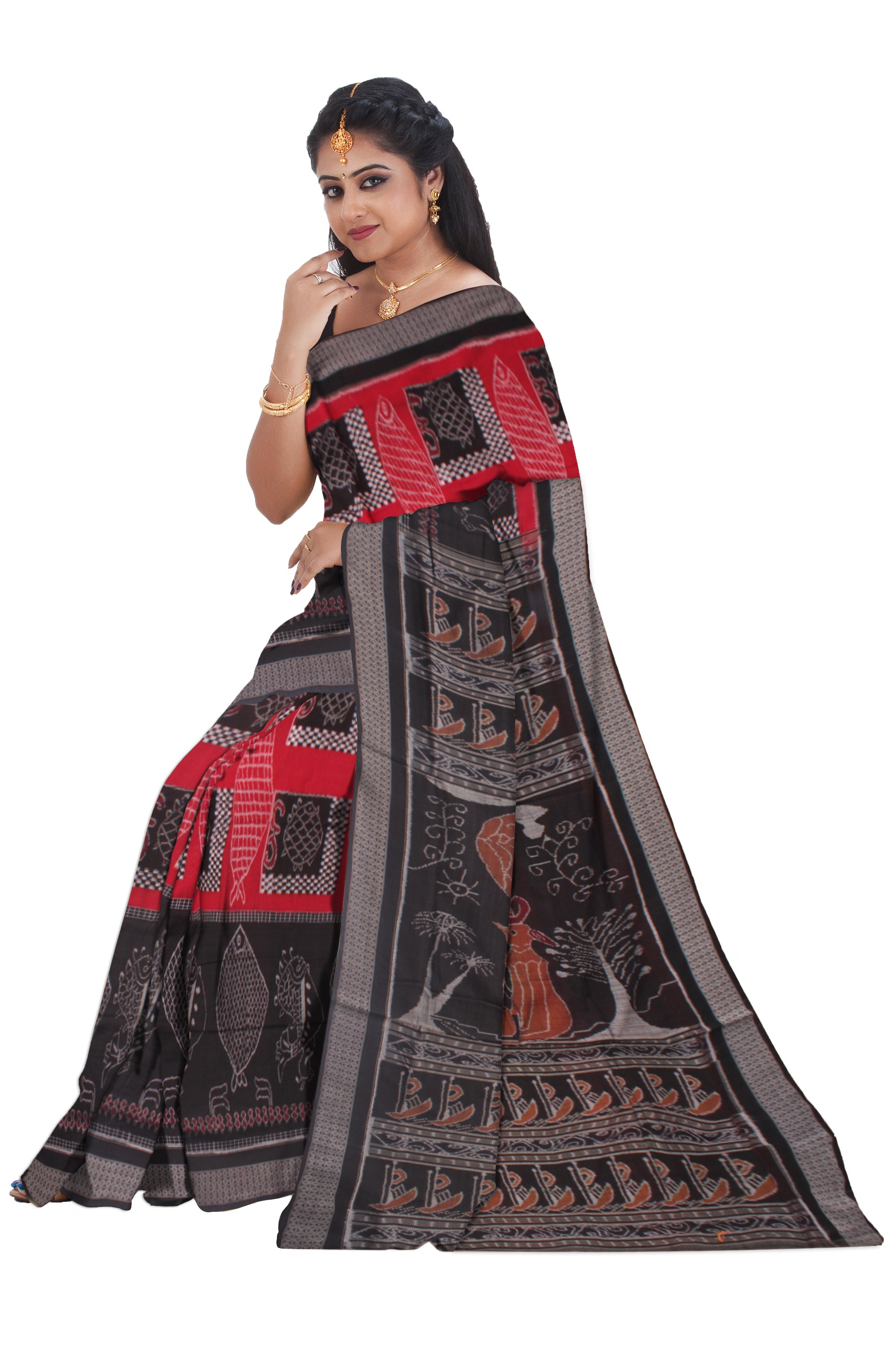 MAROON AND BLACK COLOR FISH PATTERN PURE OOTTON SAREE, WITHOUT BLOUSE PIECE. - Koshali Arts & Crafts Enterprise