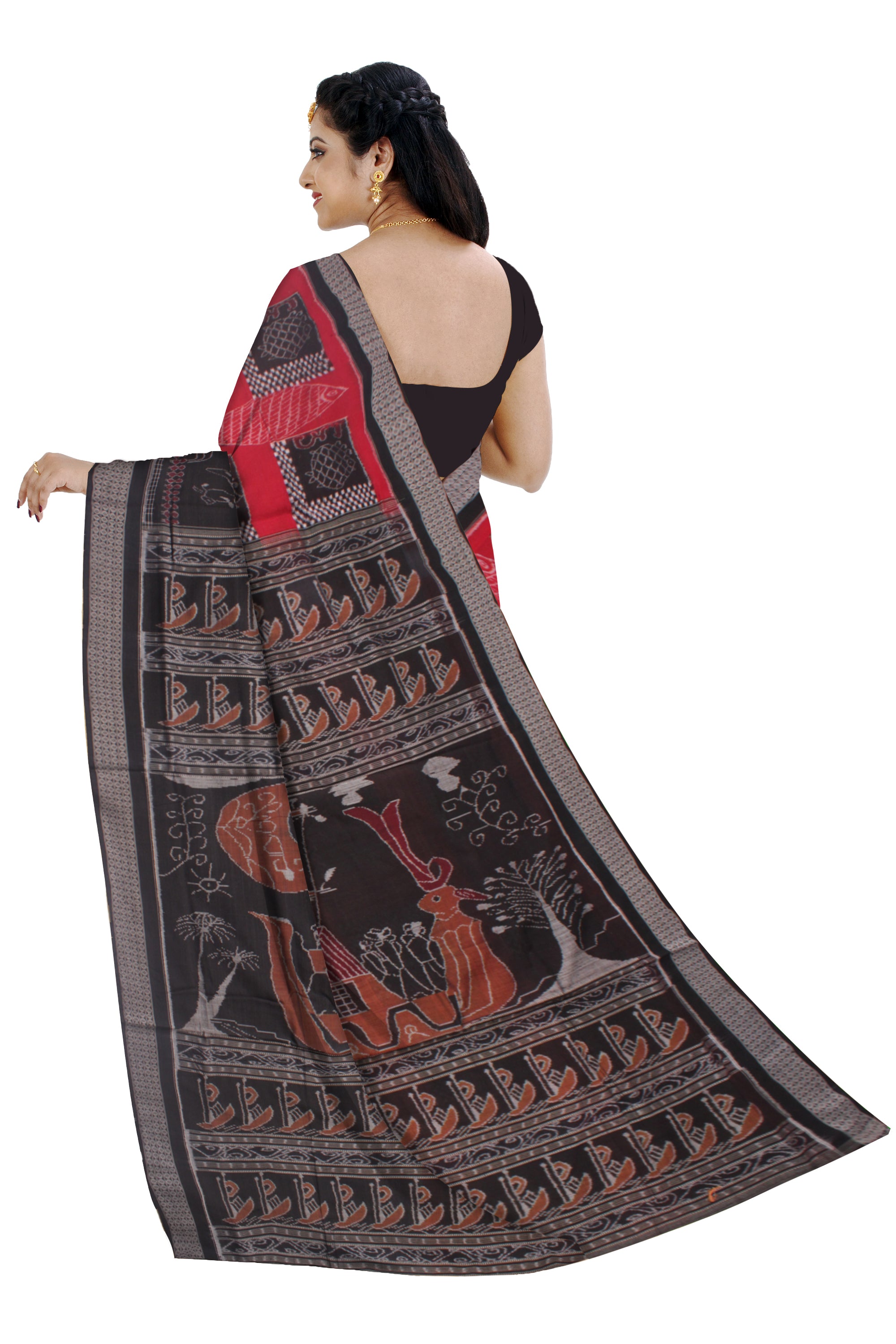 MAROON AND BLACK COLOR FISH PATTERN PURE OOTTON SAREE, WITHOUT BLOUSE PIECE. - Koshali Arts & Crafts Enterprise