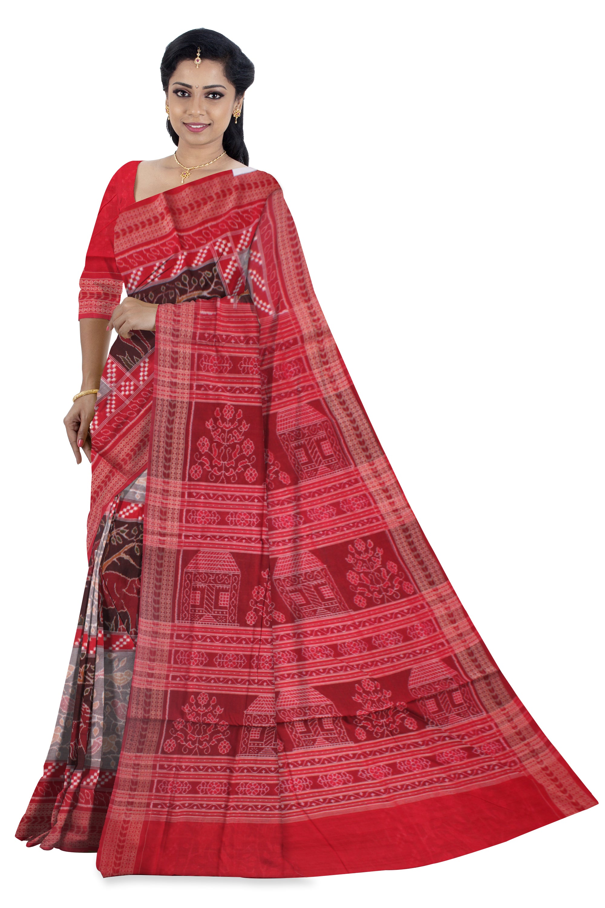 TRADITIONAL FOREST ANIMAL PATTERN  SILVER, COFFEE AND RED COLOR PURE COTTON SAREE,WITH MATCHING BLOUSE PIECE. - Koshali Arts & Crafts Enterprise