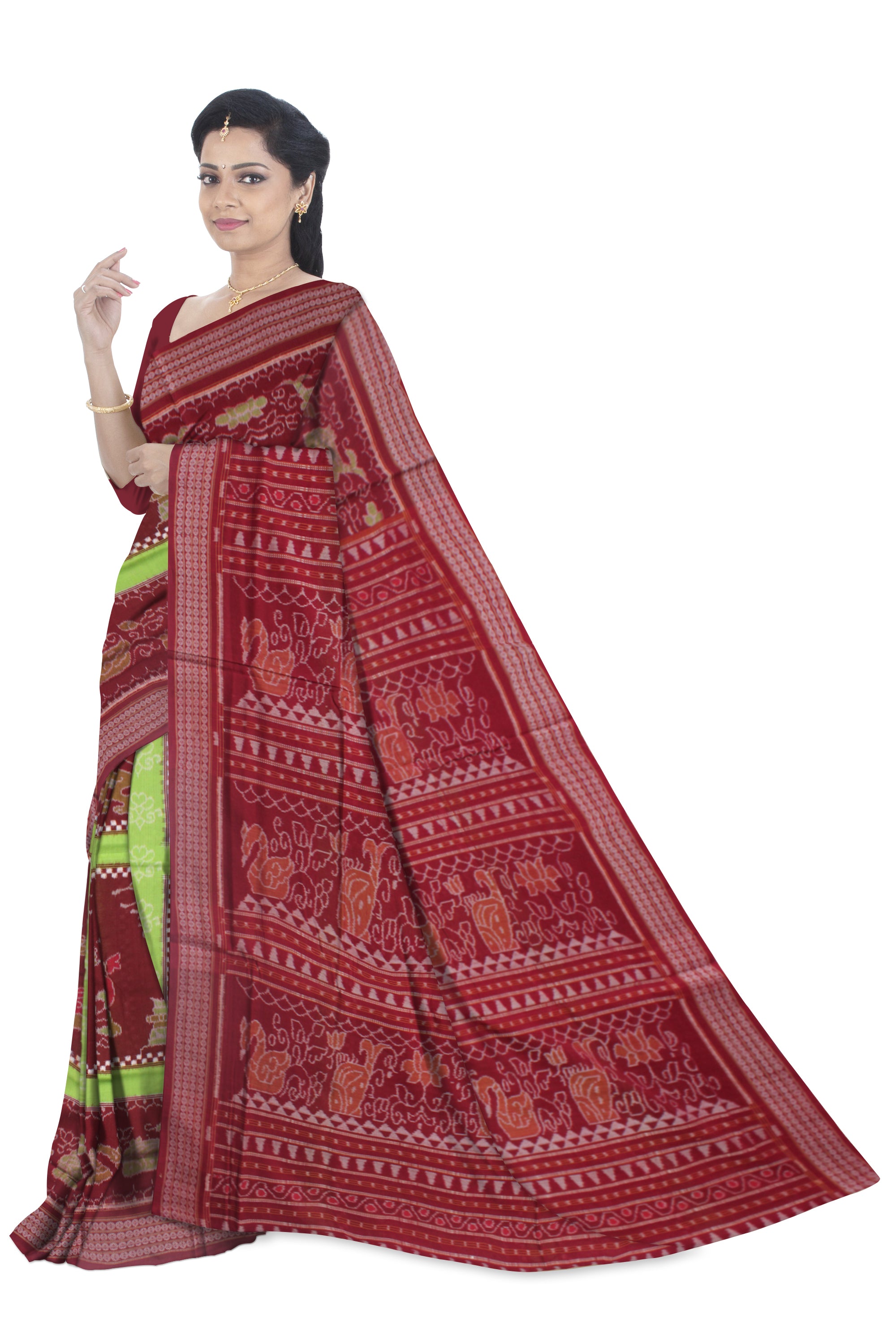 LIGHT GREEN AND MAROON COLOR BOX PATTERN PURE COTTON SAREE IS DESIGN LIKE- NARTAKI,LION AND BIRD PATTERN,WITHOUT BLOUSE PIECE. - Koshali Arts & Crafts Enterprise