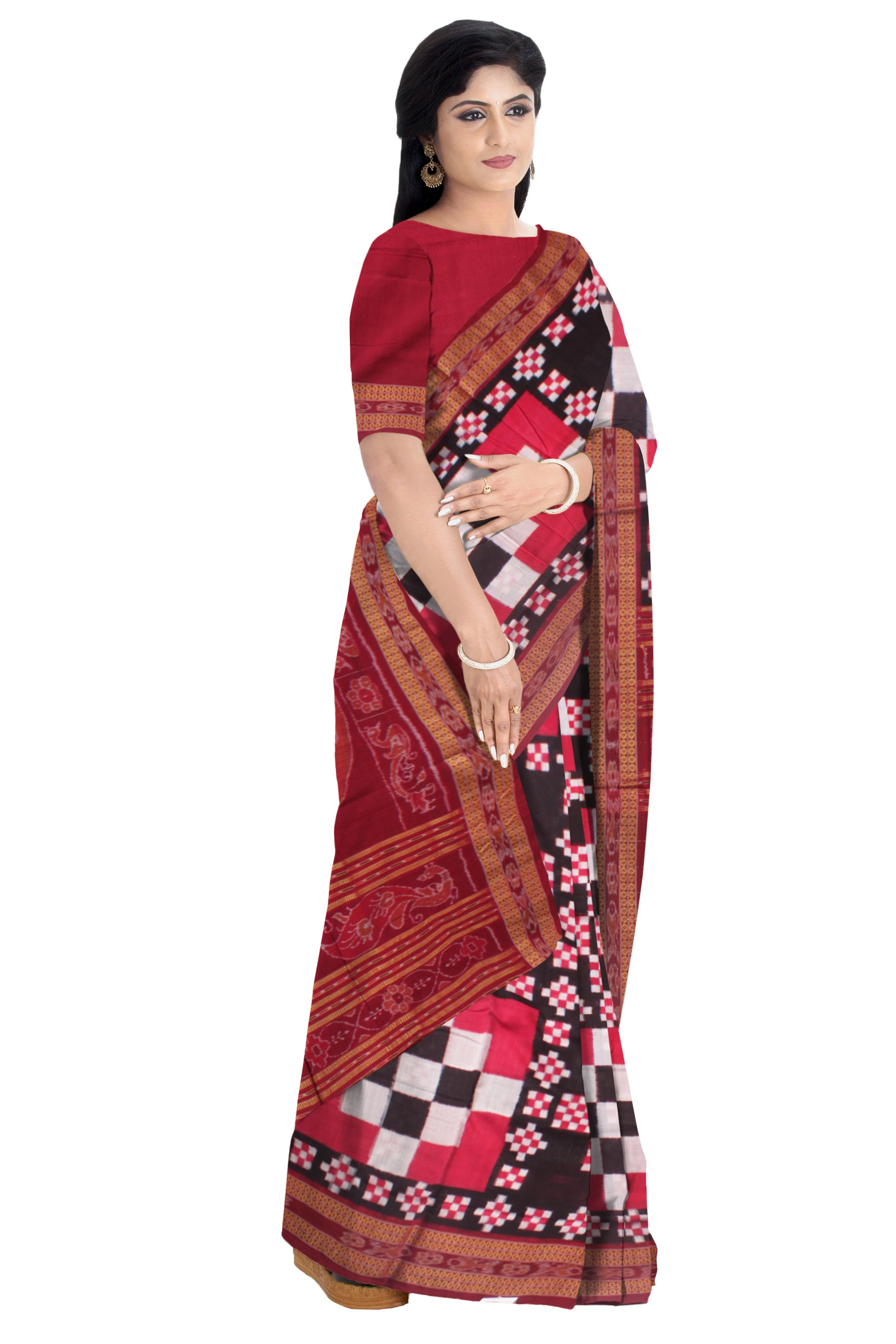 BIG PASAPALI PATTERN PURE COTTON SAREE IS RED AND BLACK COLOR, WITH BLOUSE PIECE. - Koshali Arts & Crafts Enterprise