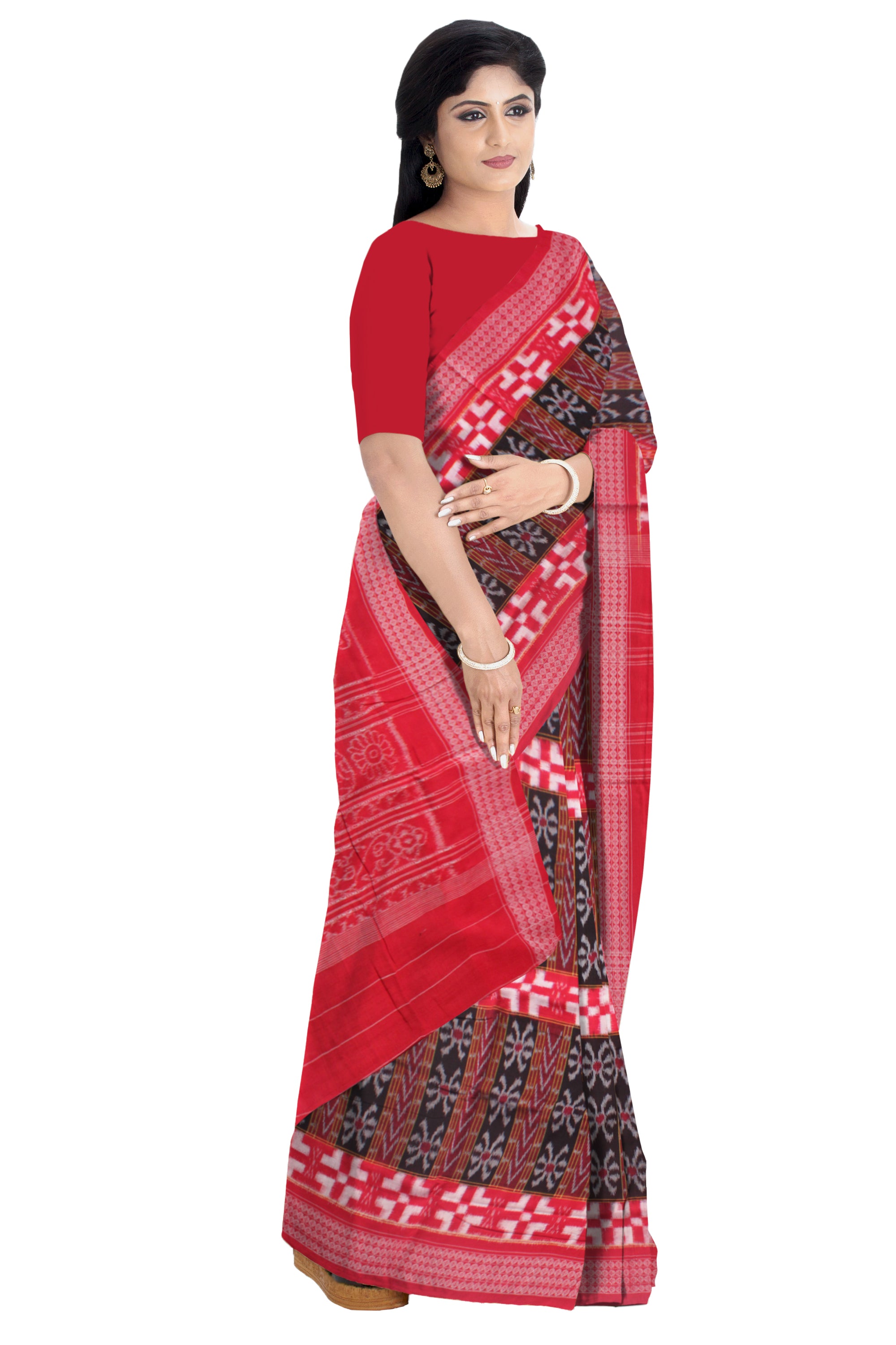 IKAT PATTERN PURE COTTON SAREE IS COFFEE AND RED COLOR BASE,WITH OUT BLOUSE PIECE. - Koshali Arts & Crafts Enterprise