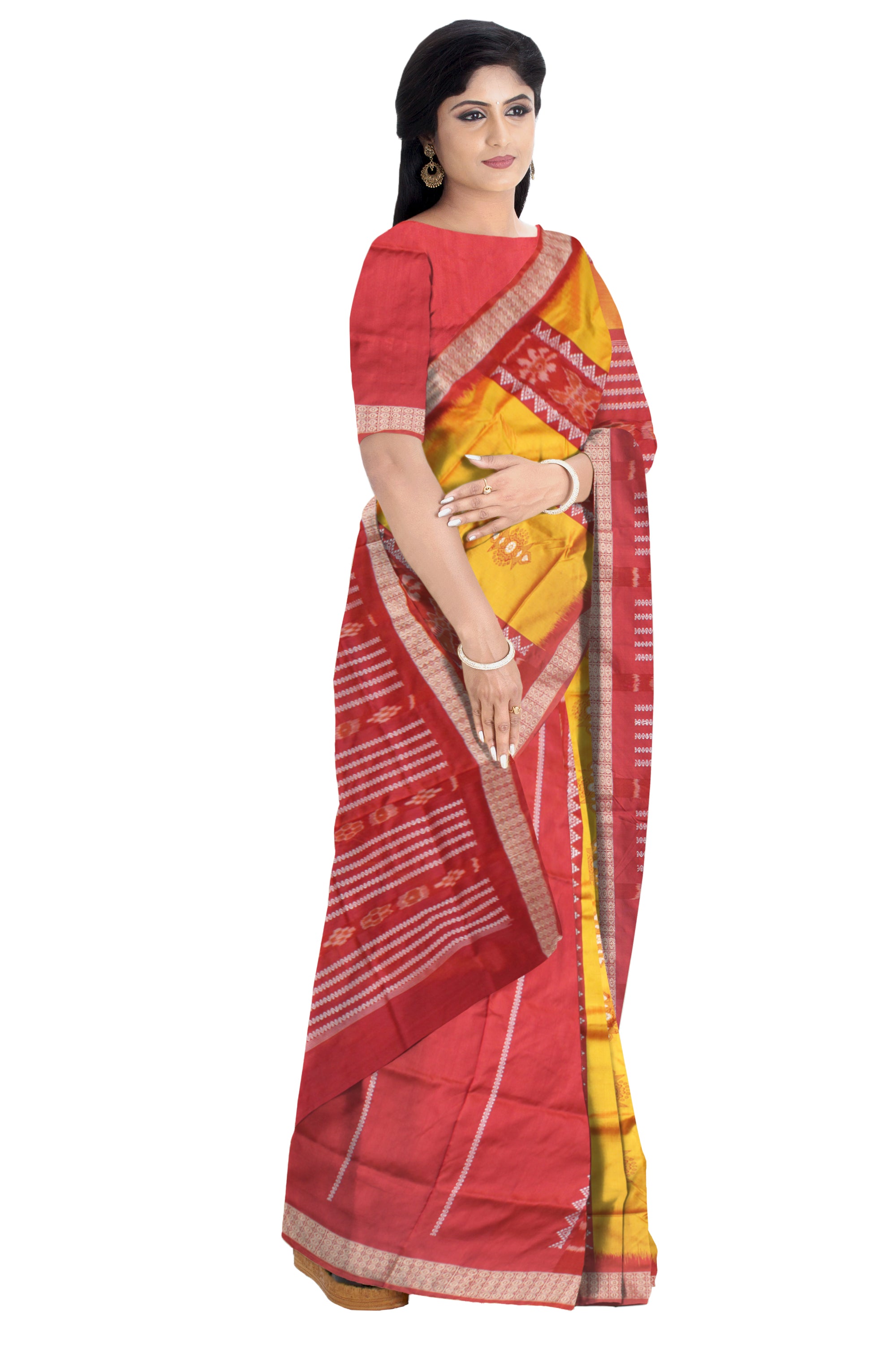 BUTTERFLY PATTERN YELLOW AND MAROON COLOR PATLI PATA SAREE, WITH MATCHING BLOUSE PIECE. - Koshali Arts & Crafts Enterprise