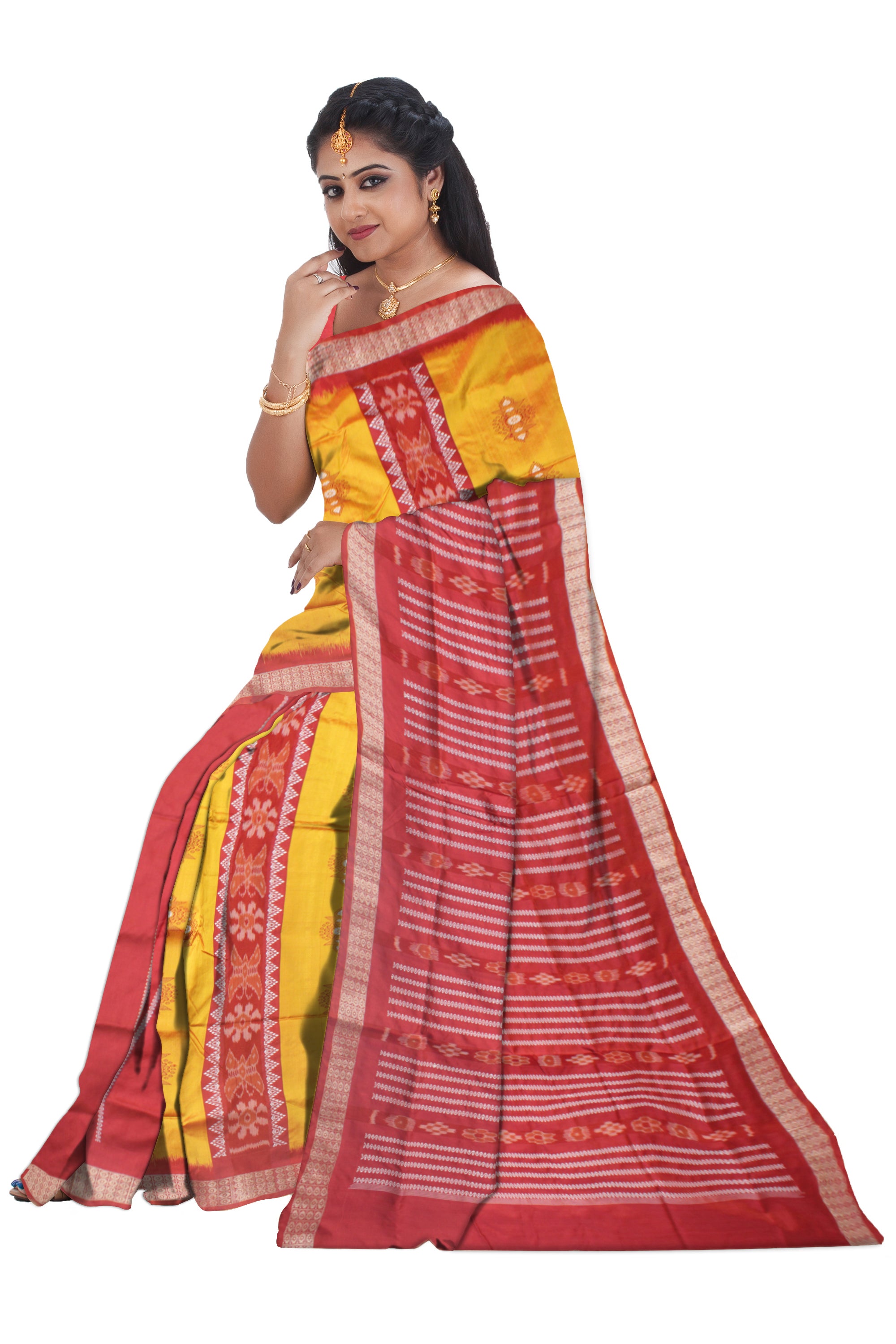 BUTTERFLY PATTERN YELLOW AND MAROON COLOR PATLI PATA SAREE, WITH MATCHING BLOUSE PIECE. - Koshali Arts & Crafts Enterprise