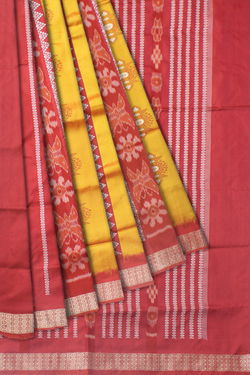 BUTTERFLY PATTERN YELLOW AND MAROON COLOR PATLI PATA SAREE, WITH MATCHING BLOUSE PIECE. - Koshali Arts & Crafts Enterprise