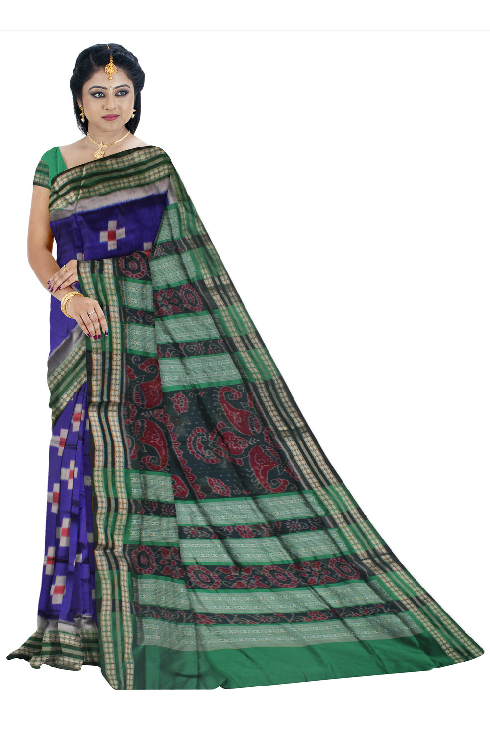 Best selling Tara pattern Pata saree is blue and green color.