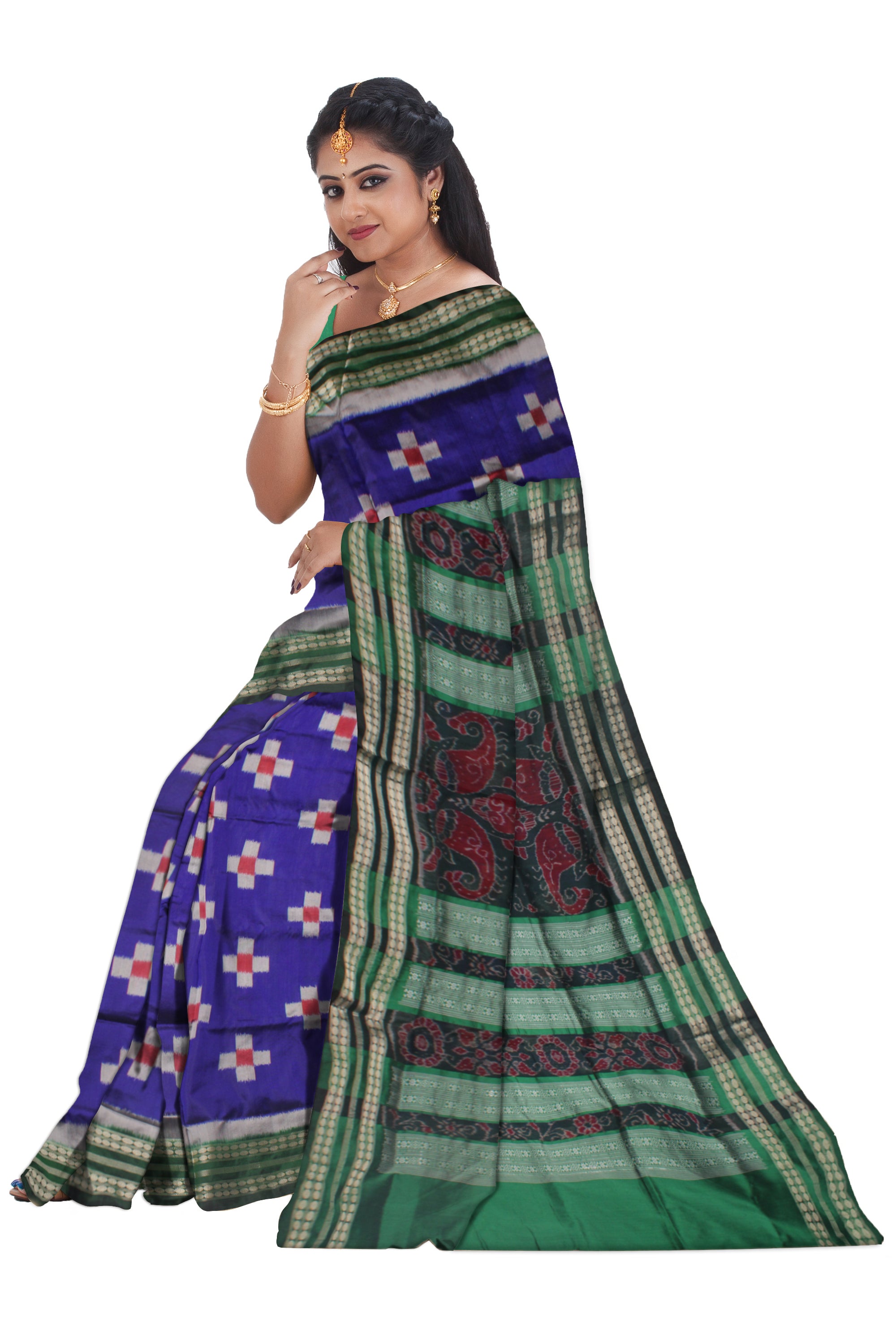 BEST SELLING TARA PATTERN PATA SAREE IS BLUE AND GREEN COLOR BASE,COMES WITH MATCHING BLOUSE PIECE. - Koshali Arts & Crafts Enterprise