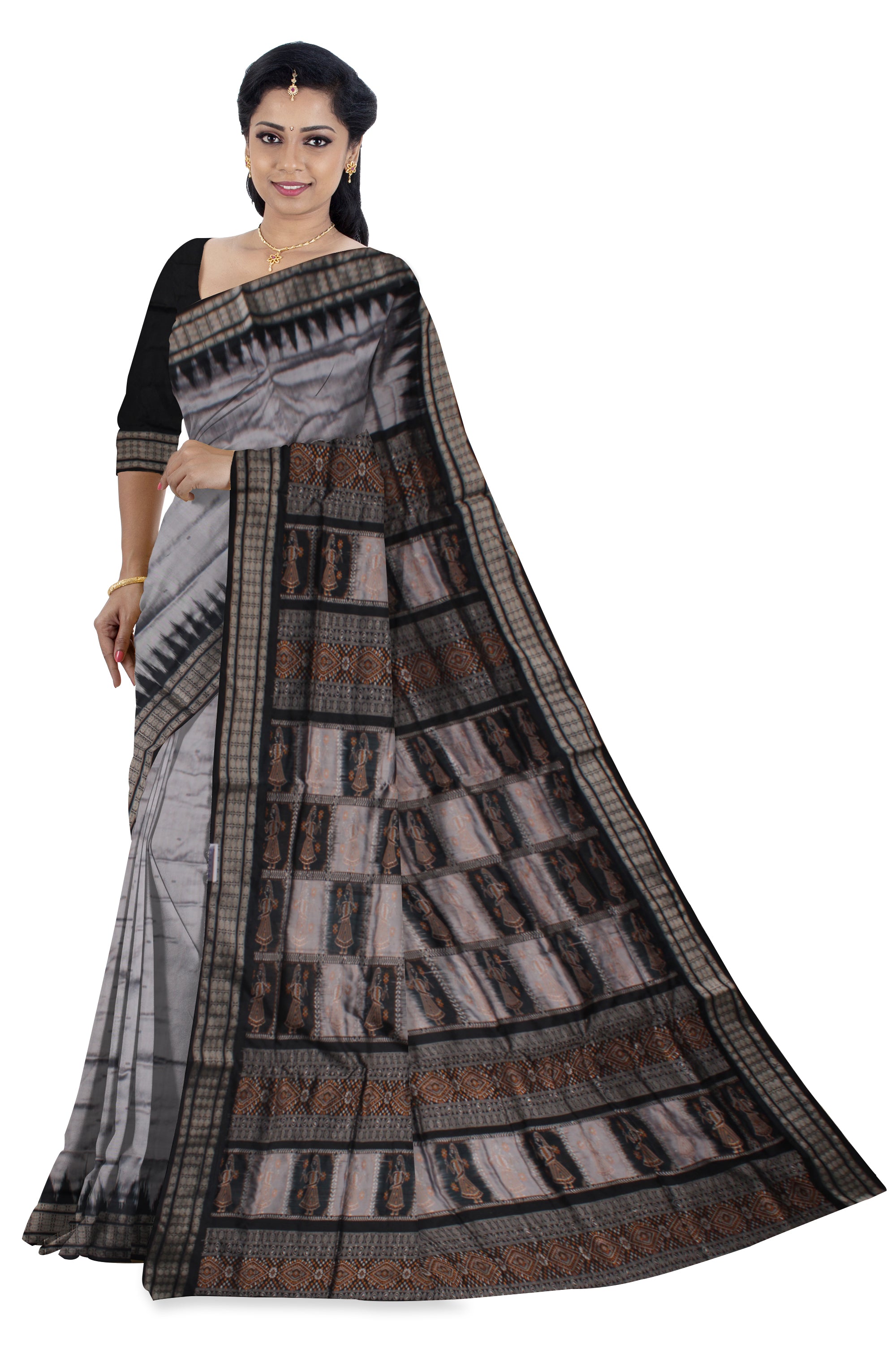 SILVER AND BLACK COLOR PALLU DOLL PRINT PATLI PATA SAREE, WITH MATCHING BLOUSE PIECE. - Koshali Arts & Crafts Enterprise