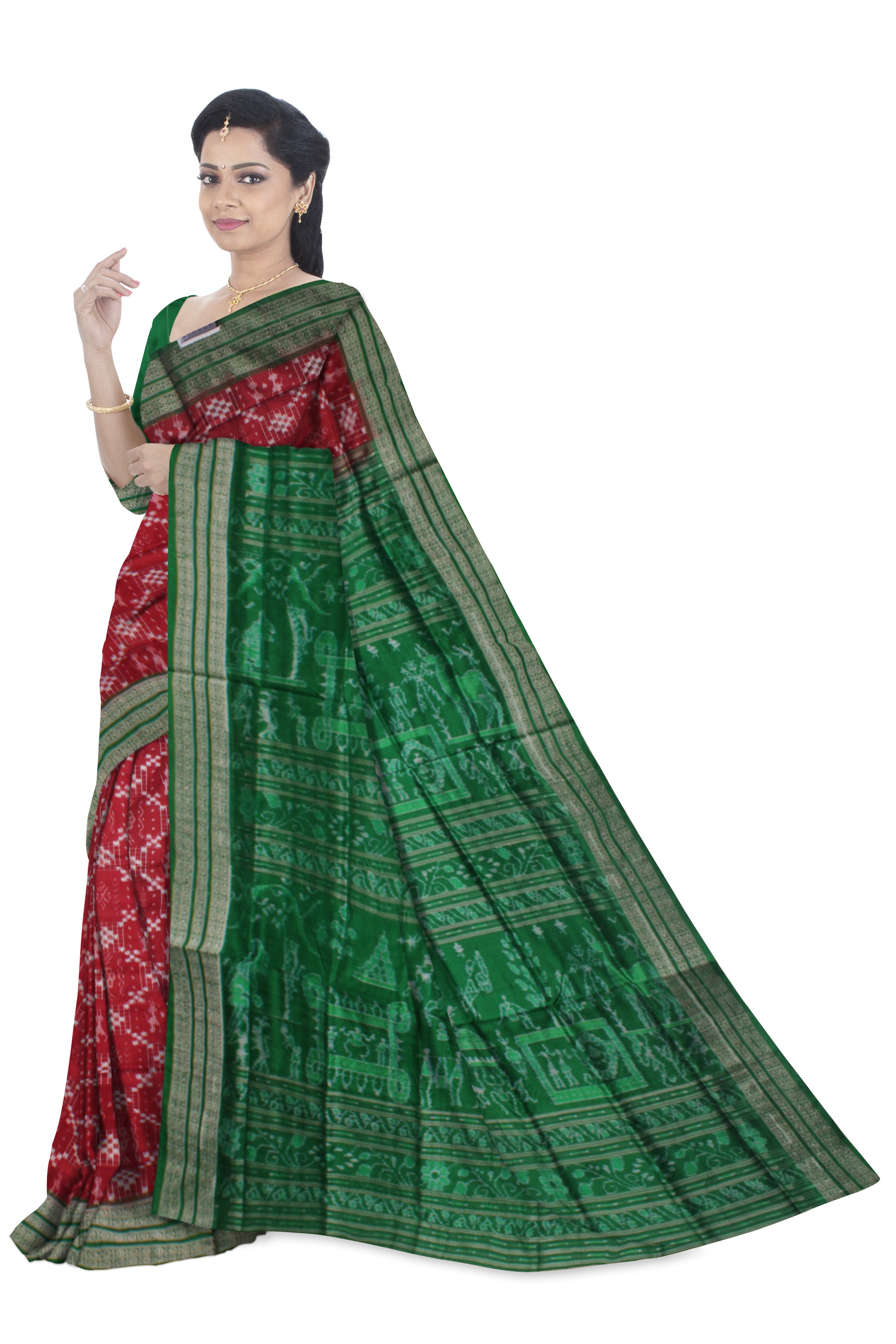 TERRACOTTA WITH PASAPALI PATTERN PURE SILK SAREE IS MAROON AND GREEN COLOR BASE,ATTACHED WITH MATCHING BLOUSE PIECE. - Koshali Arts & Crafts Enterprise