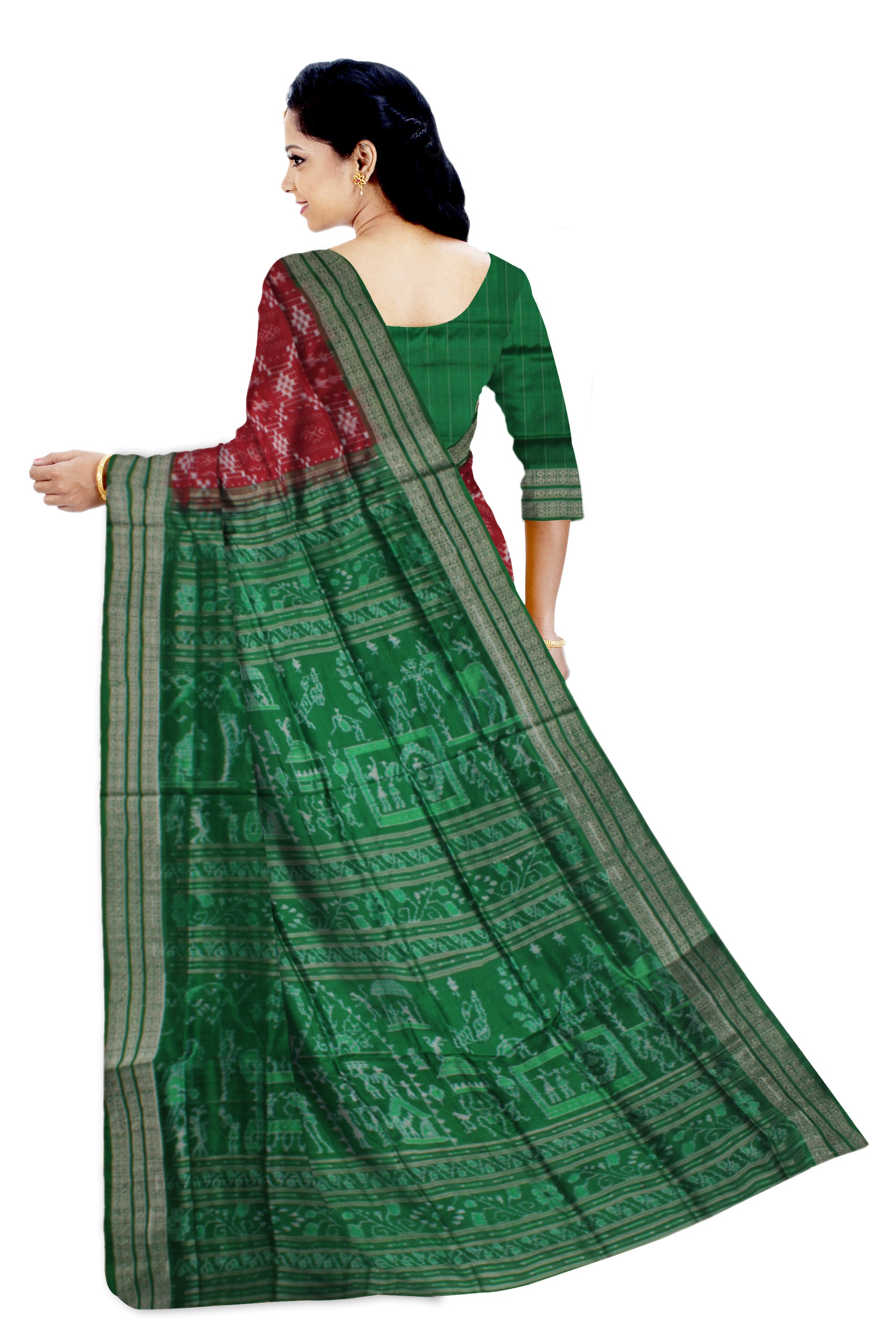TERRACOTTA WITH PASAPALI PATTERN PURE SILK SAREE IS MAROON AND GREEN COLOR BASE,ATTACHED WITH MATCHING BLOUSE PIECE. - Koshali Arts & Crafts Enterprise
