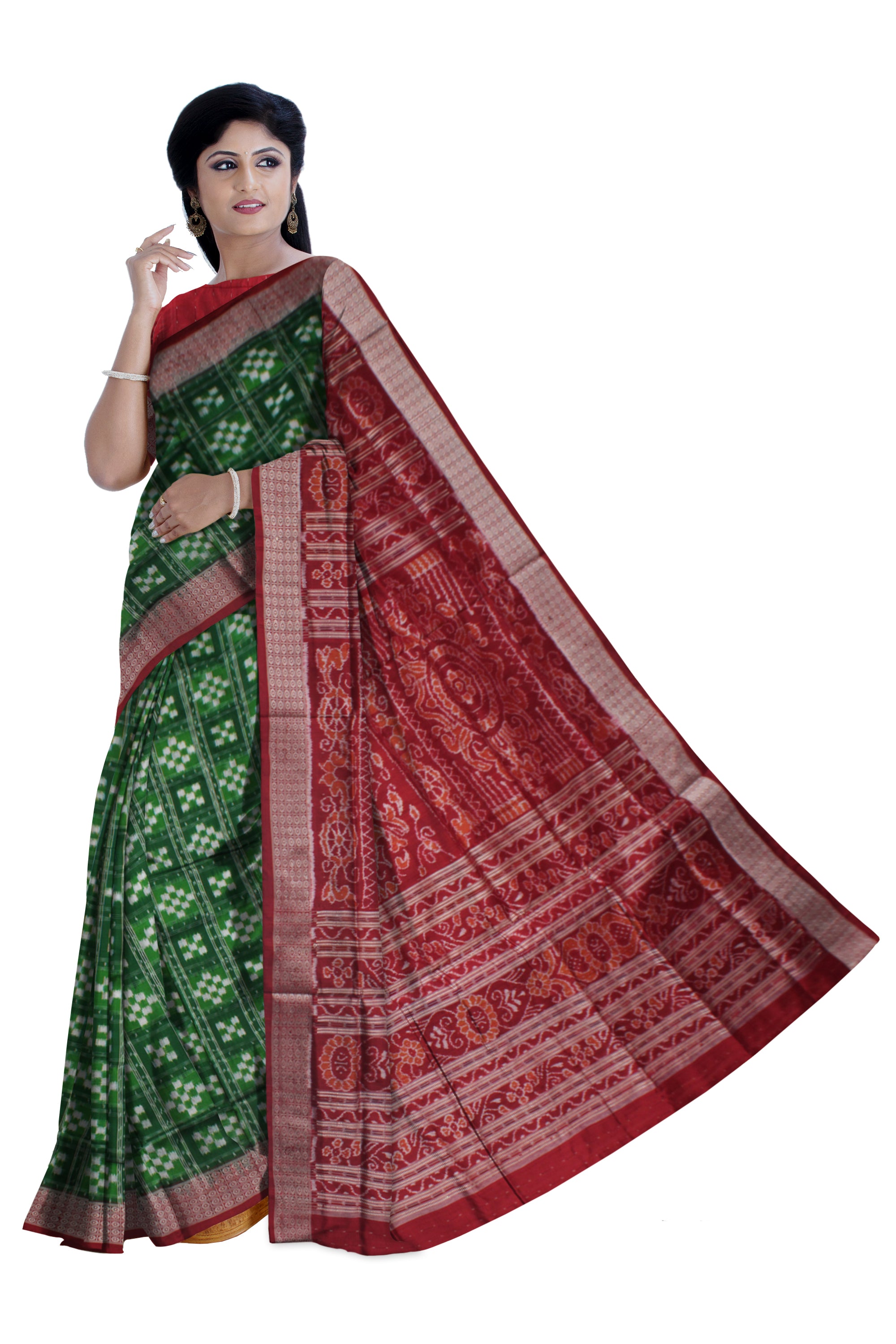 FULL BODY SMALL  PASAPALI PATTERN PURE SILK SAREE IS GREEN AND MAROON COLOR BASE,ATTACHED WITH MATCHING BLOUSE PIECE. - Koshali Arts & Crafts Enterprise