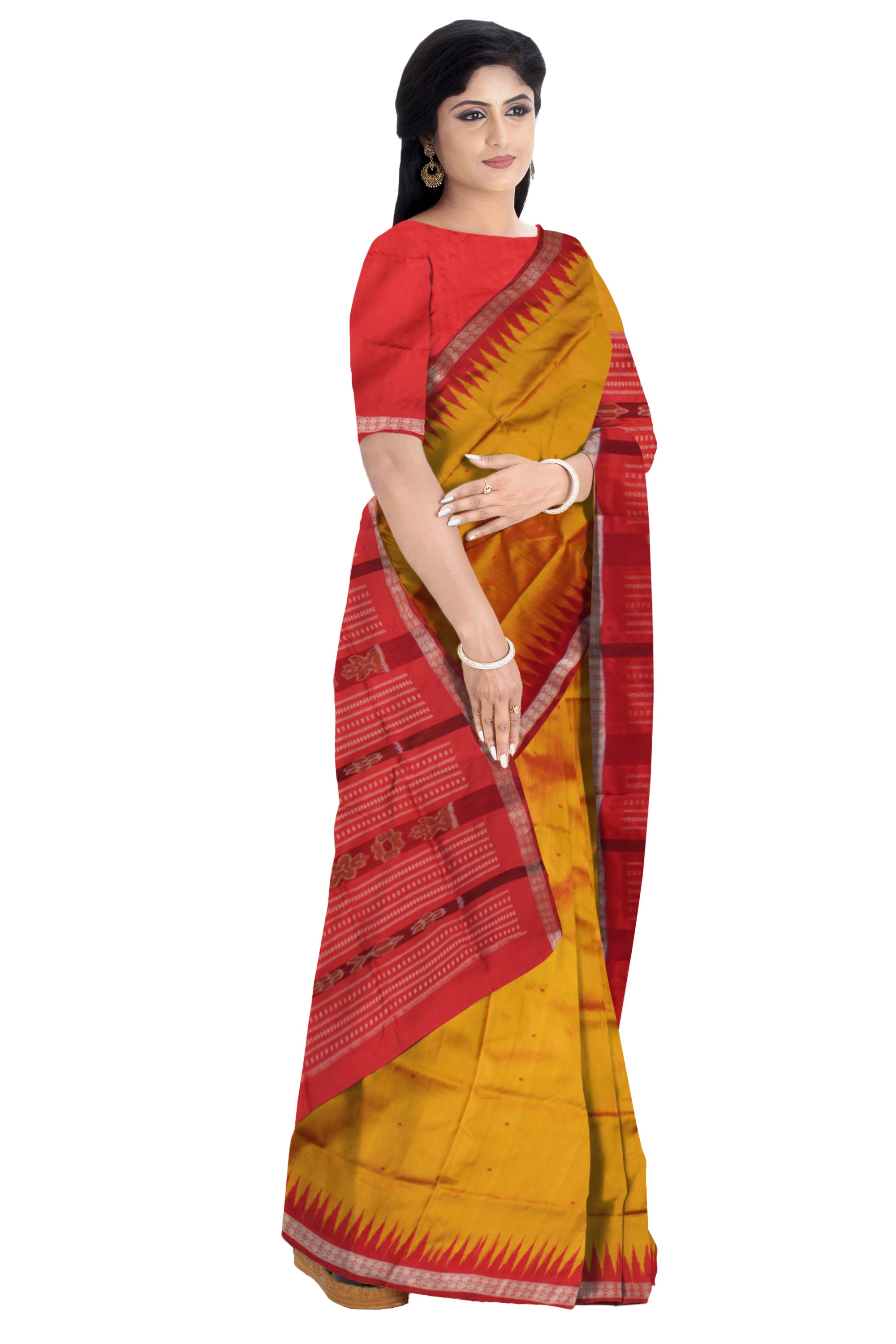 YELLOW AND RED COLOR SMALL BOOTY PATTERN PATA SAREE, WITH MATCHIG BLOUSE PIECE. - Koshali Arts & Crafts Enterprise
