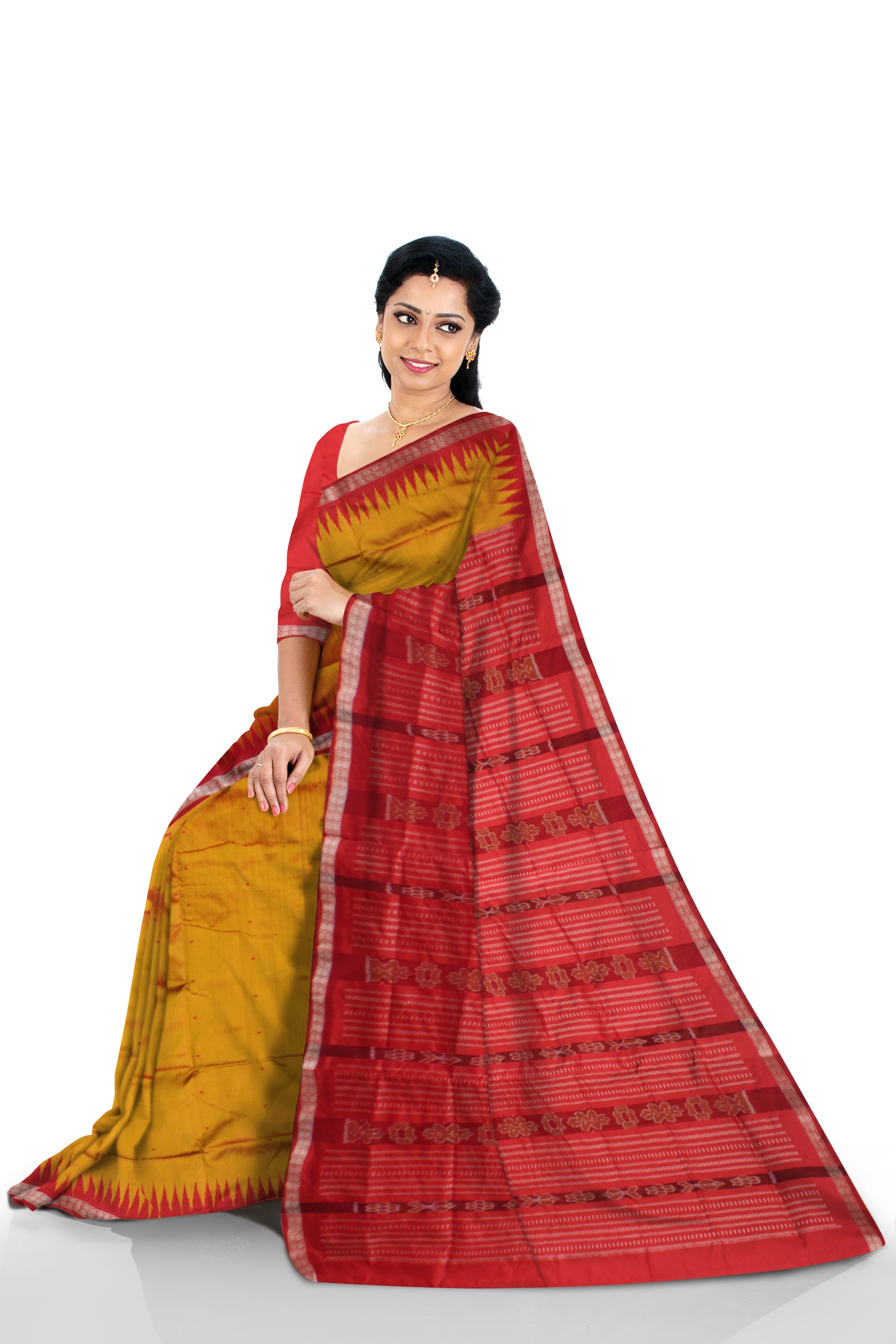 YELLOW AND RED COLOR SMALL BOOTY PATTERN PATA SAREE, WITH MATCHIG BLOUSE PIECE. - Koshali Arts & Crafts Enterprise