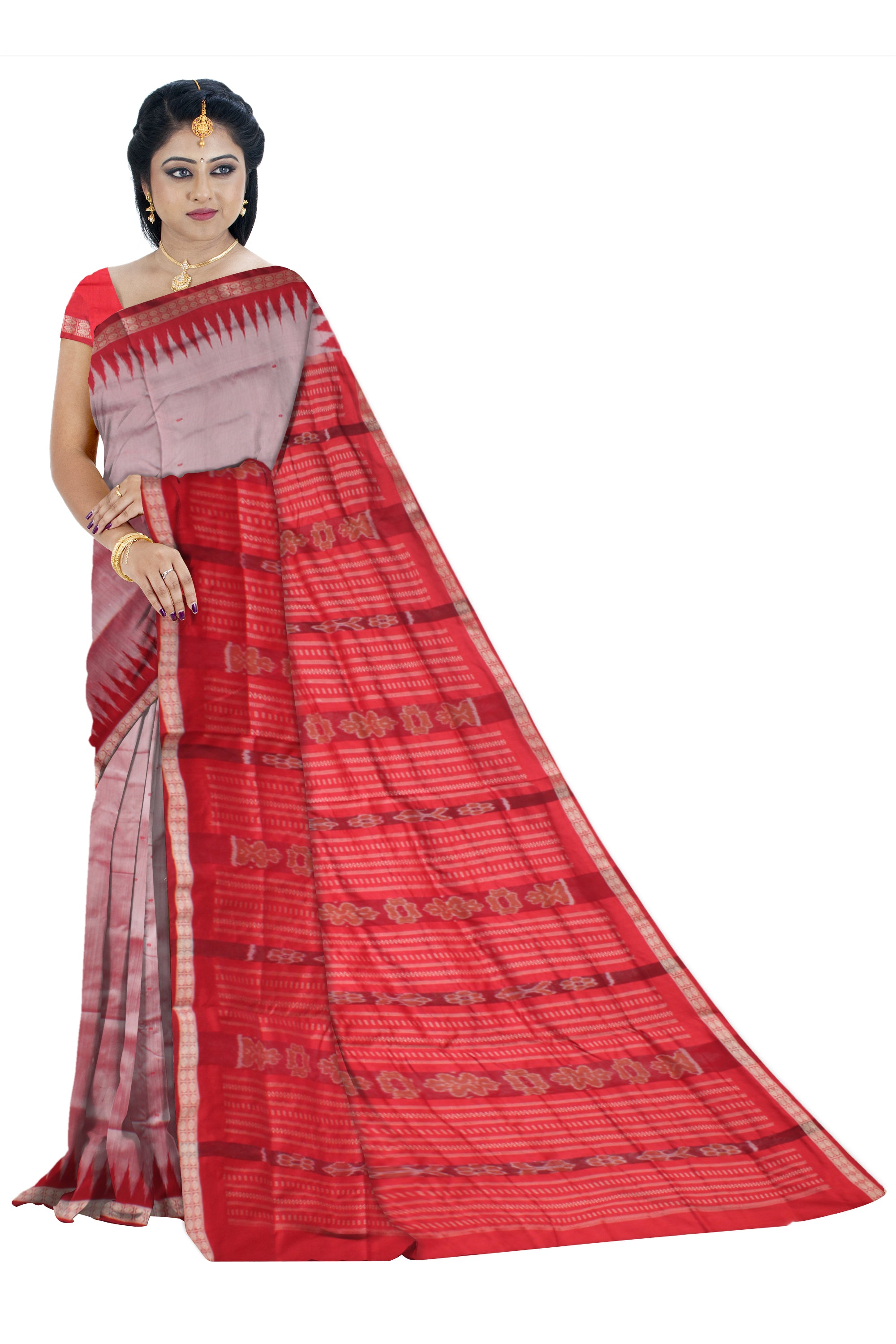SMALL BORDER PLAIN PATA SAREE IS SILVER AND RED COLOR BASE,COMES WITH MATCHING BLOUSE PIECE. - Koshali Arts & Crafts Enterprise