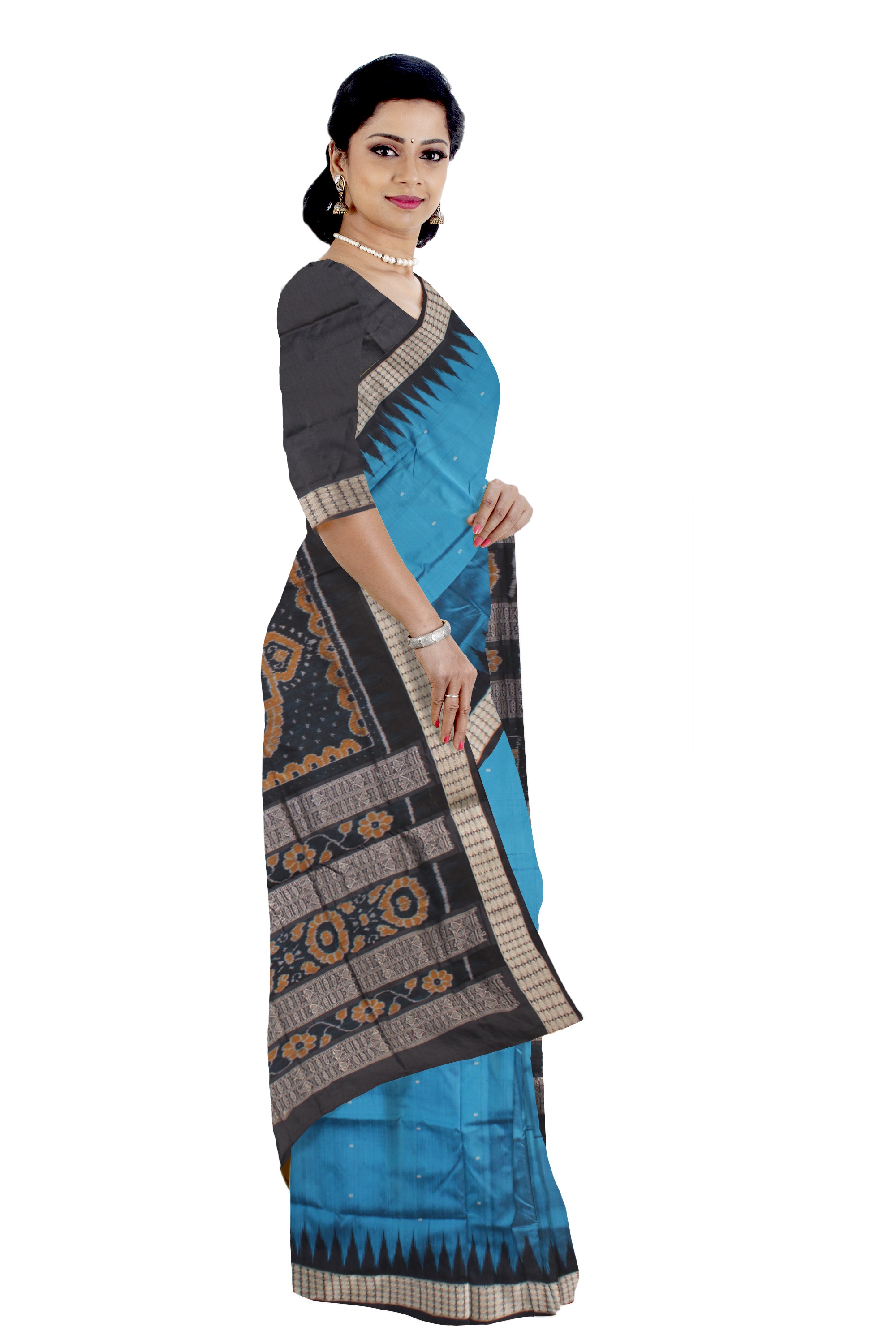 SKY AND BLACK COLOR SMALL BOOTY PATTERN PATA SAREE,WITH MATCHING BLOUSE PIECE. - Koshali Arts & Crafts Enterprise