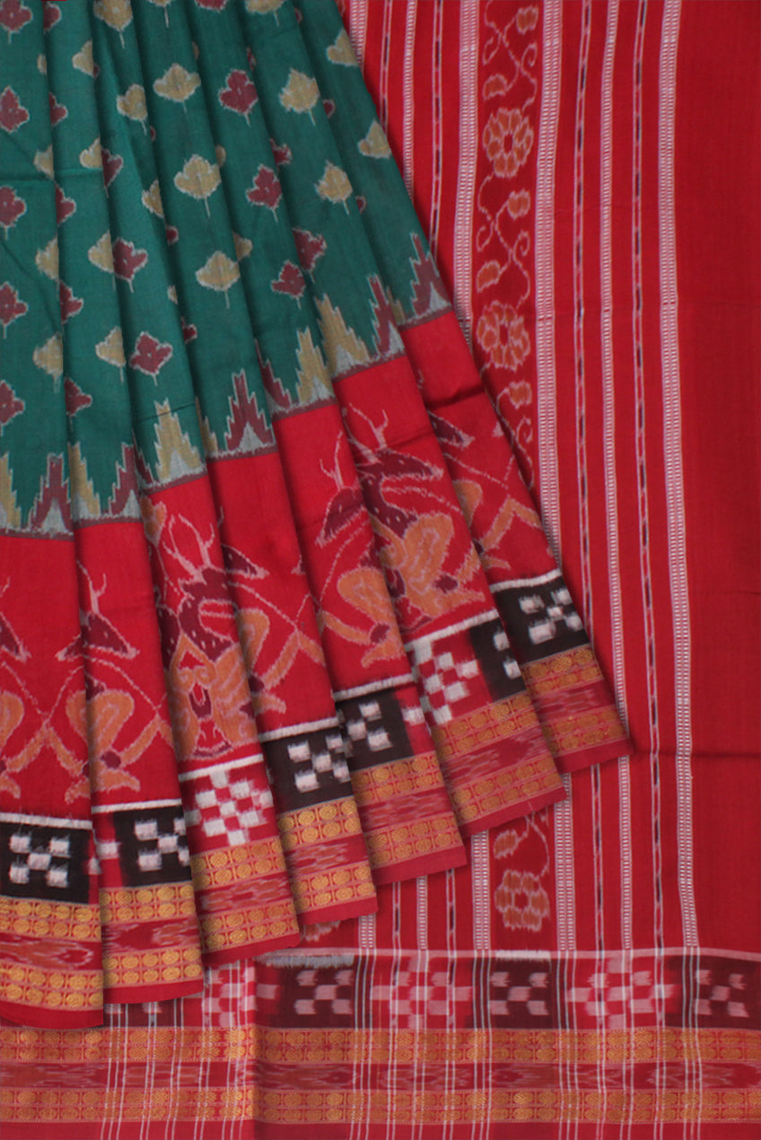 PASAPALI WITH LEAF PATTERN PURE COTTON SAREE IS HUNTER GREEN AND RED COLOR BASE,COMES WITH MATCHING BLOUSE PIECE. - Koshali Arts & Crafts Enterprise