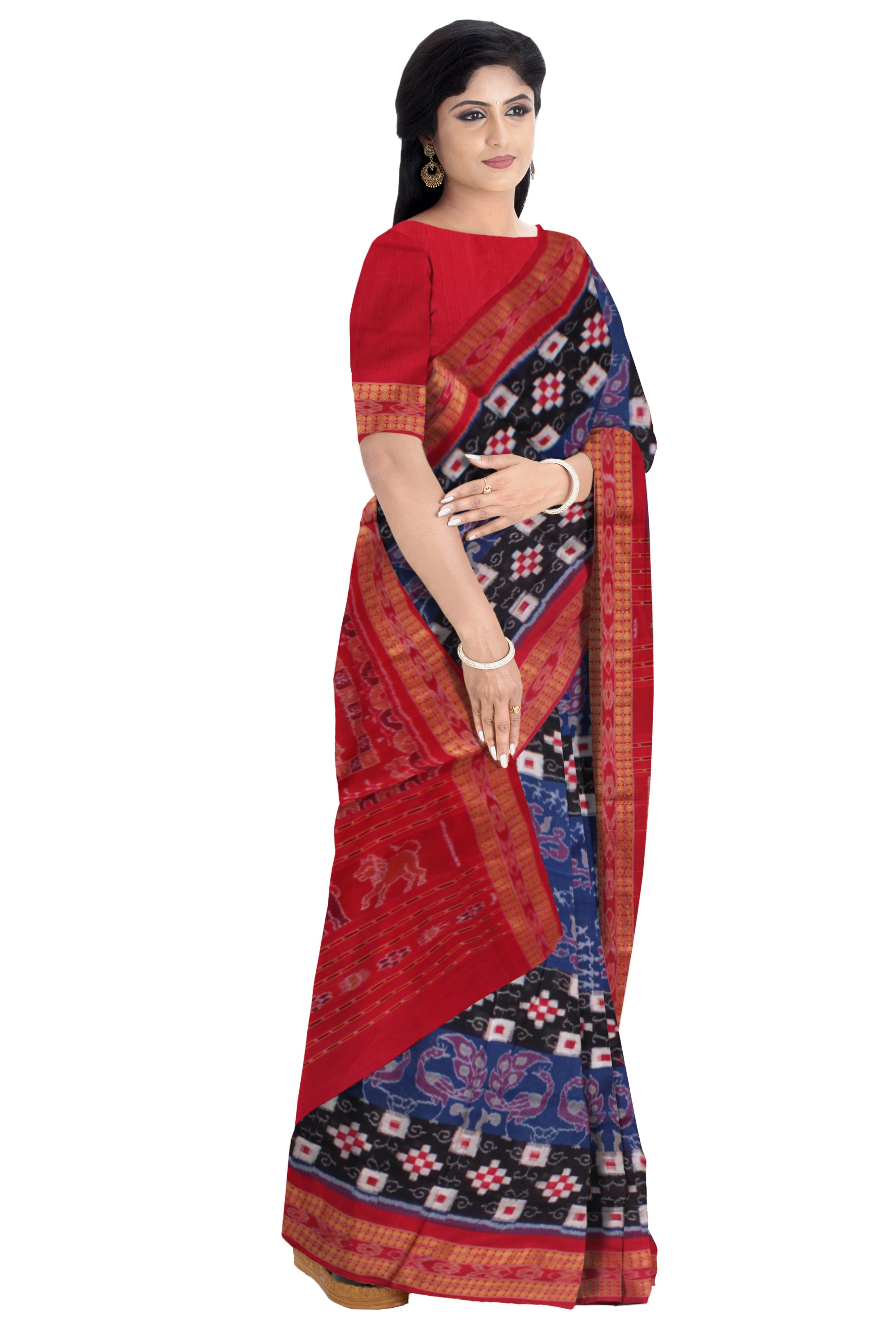 PEACOCK, TERRACOTTA AND PASAPALI PATTERN PURE COTTON SAREE IS SAPPHIRE BLUE,BLACK AND RED COLOR BASE.AVAILABLE WITH MATCHING BLOUSE PIECE. - Koshali Arts & Crafts Enterprise