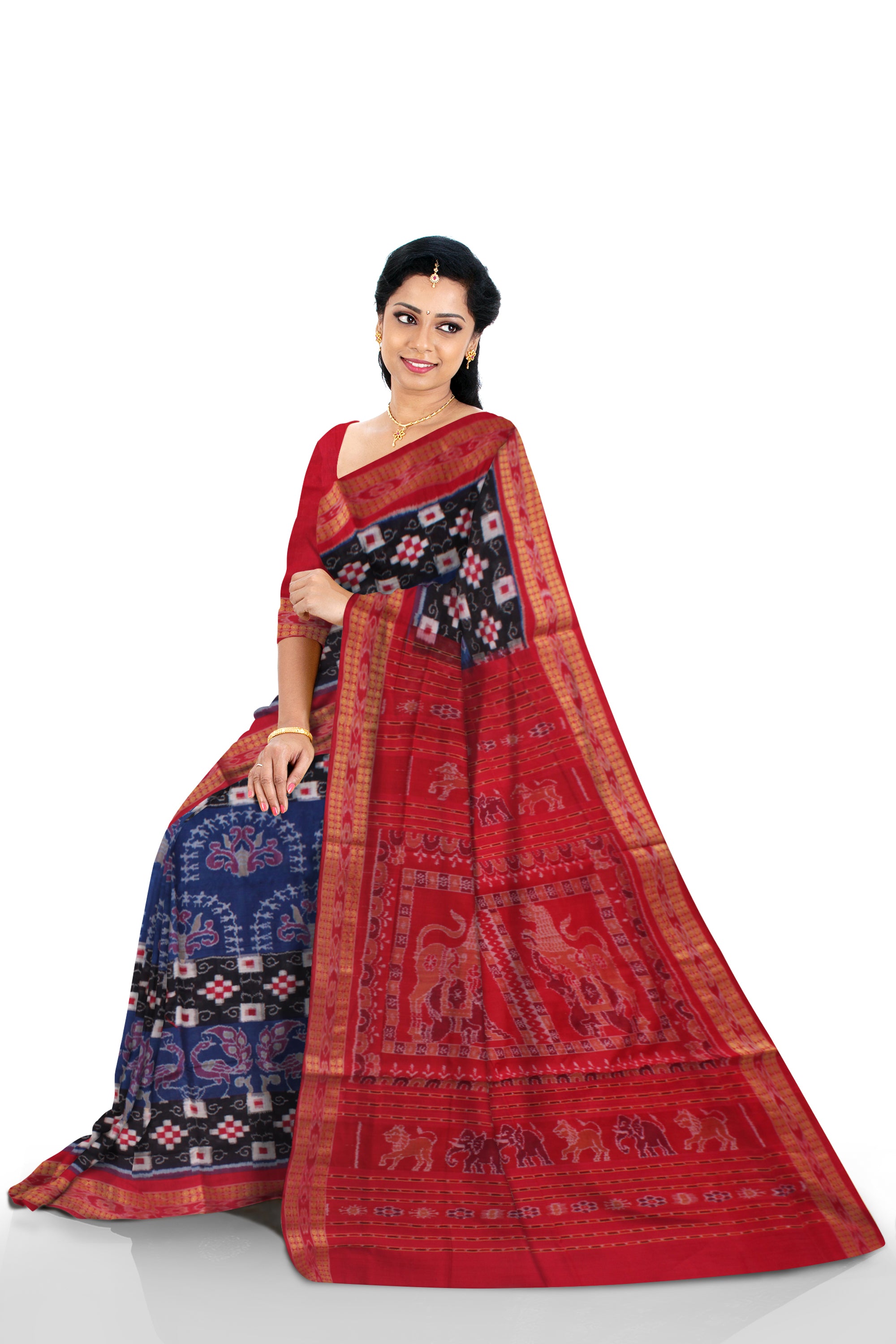 PEACOCK, TERRACOTTA AND PASAPALI PATTERN PURE COTTON SAREE IS SAPPHIRE BLUE,BLACK AND RED COLOR BASE.AVAILABLE WITH MATCHING BLOUSE PIECE. - Koshali Arts & Crafts Enterprise