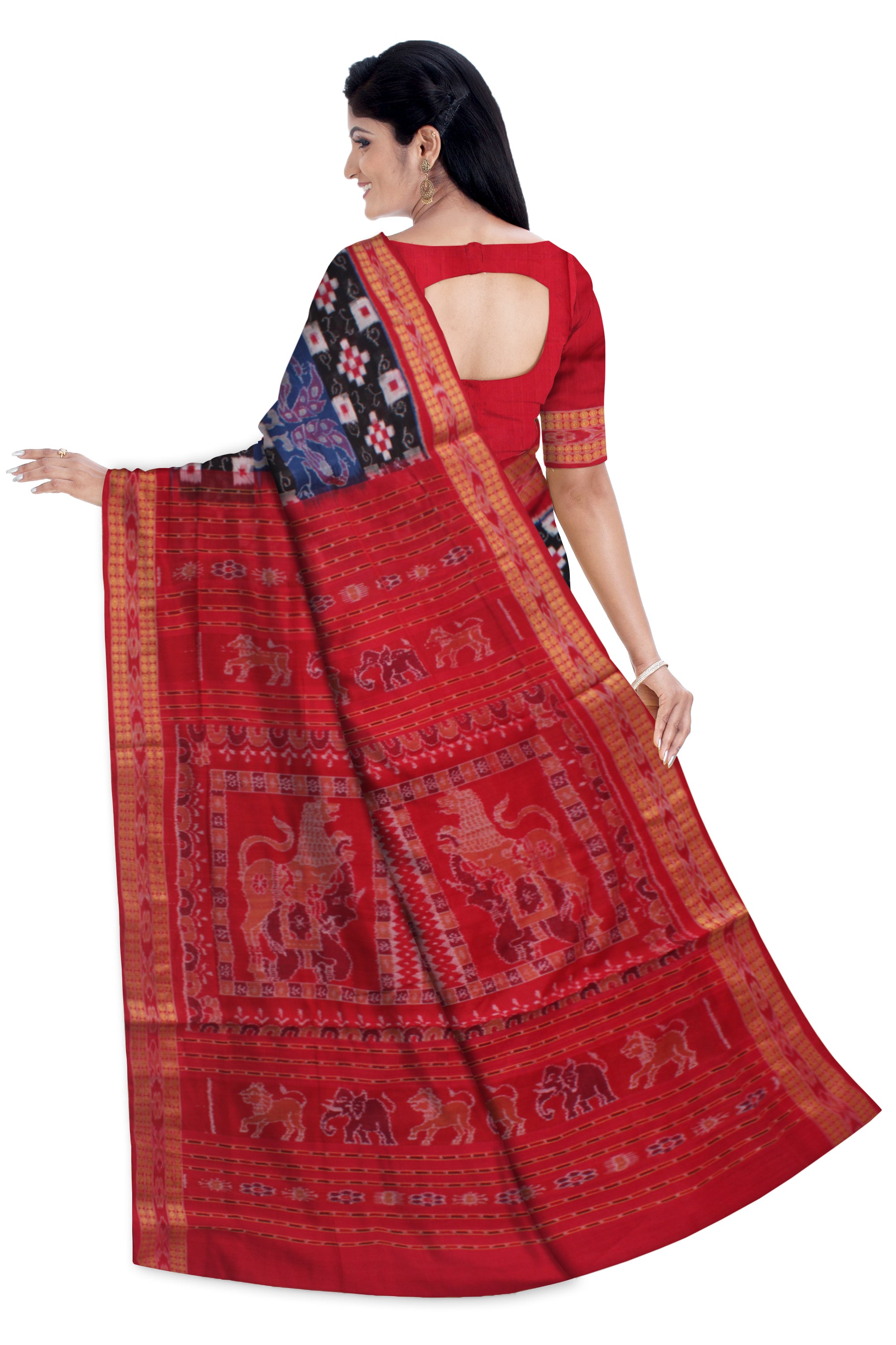 PEACOCK, TERRACOTTA AND PASAPALI PATTERN PURE COTTON SAREE IS SAPPHIRE BLUE,BLACK AND RED COLOR BASE.AVAILABLE WITH MATCHING BLOUSE PIECE. - Koshali Arts & Crafts Enterprise