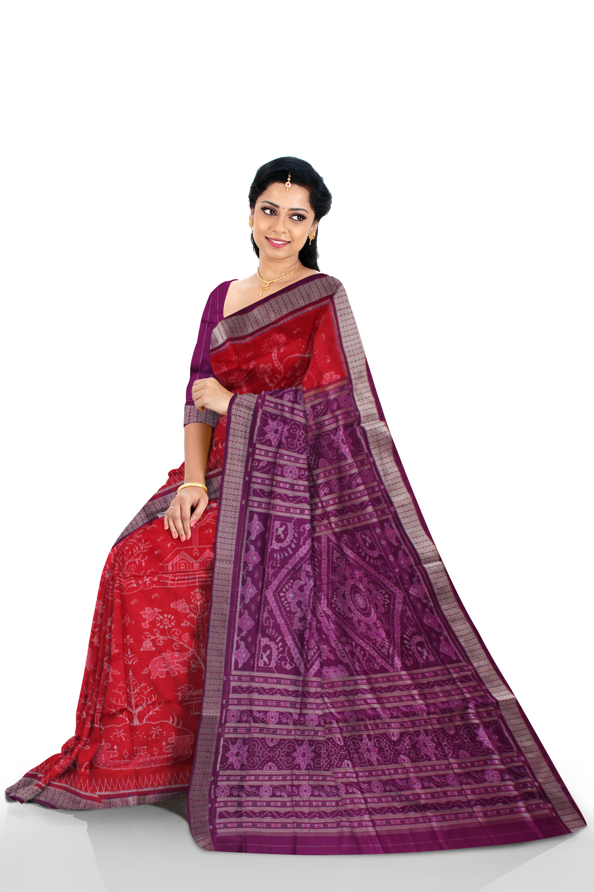 MOST BEAUTIFUL SUNSHINE VILLAGE PATTERN WORKING BODY PURE SILK SAREE IS RED AND PURPLE COLOR BASE.ATTACHED WITH MATCHING BLOUSE PIECE. - Koshali Arts & Crafts Enterprise