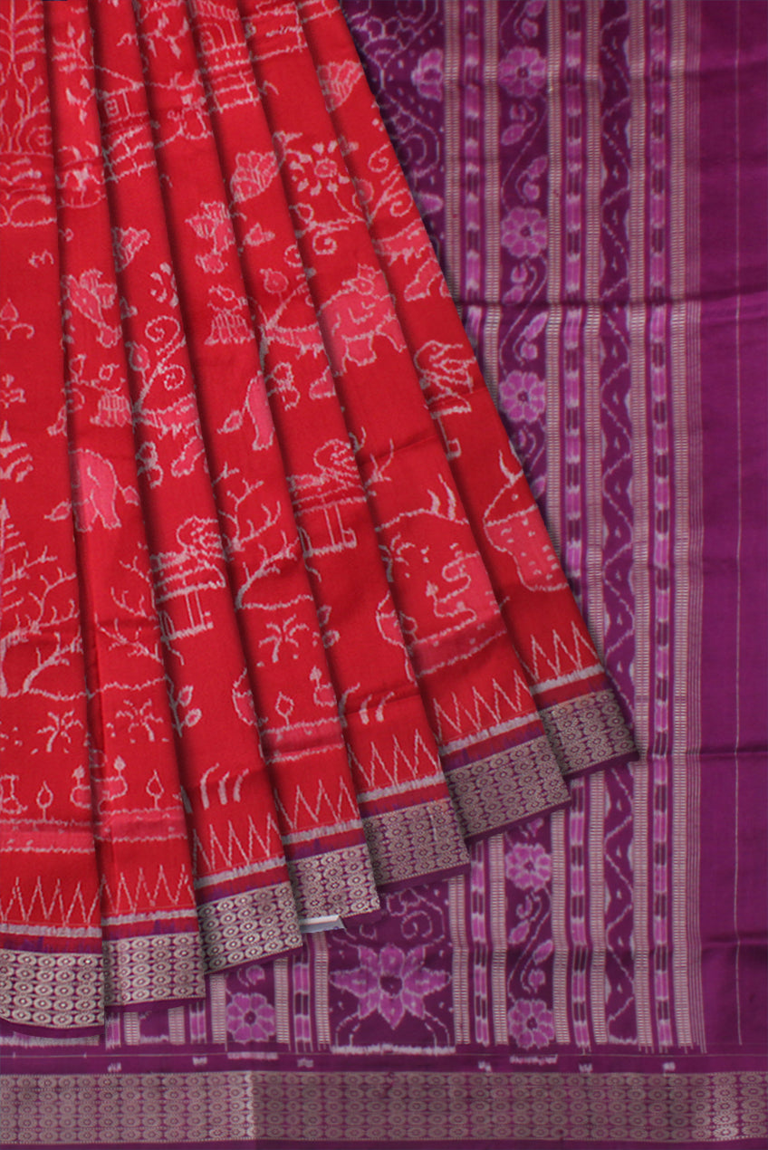 MOST BEAUTIFUL SUNSHINE VILLAGE PATTERN WORKING BODY PURE SILK SAREE IS RED AND PURPLE COLOR BASE.ATTACHED WITH MATCHING BLOUSE PIECE. - Koshali Arts & Crafts Enterprise