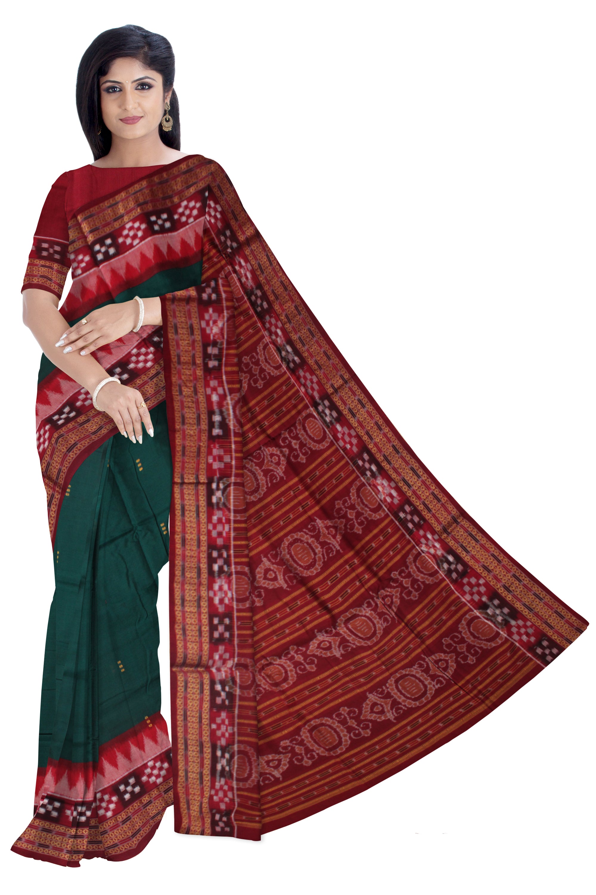 GREEN AND MAROON COLOR DHADI PASAPALI PATTERN PURE COTTON SAREE WITH MTACHING BLOUSE PIECE. - Koshali Arts & Crafts Enterprise