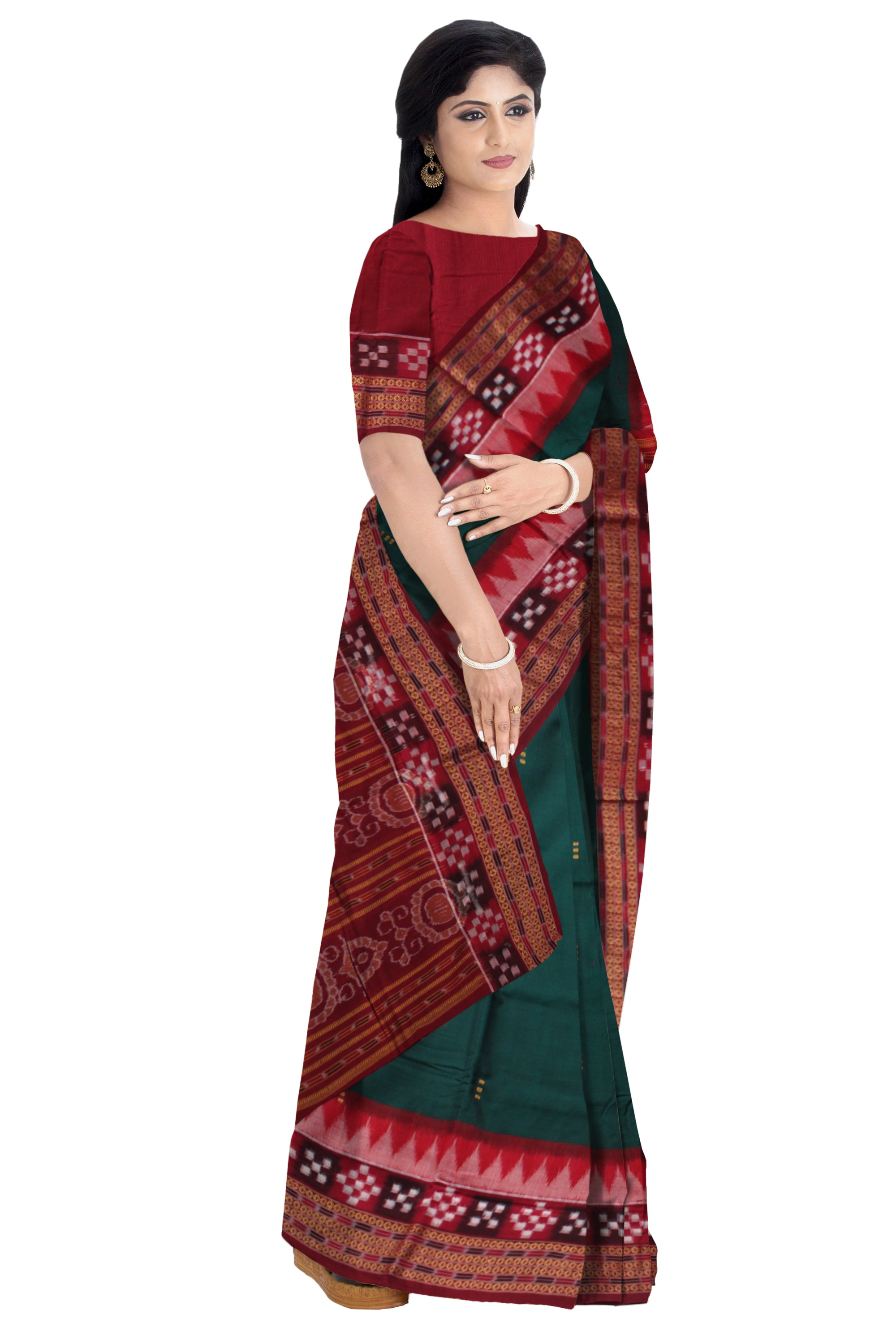 GREEN AND MAROON COLOR DHADI PASAPALI PATTERN PURE COTTON SAREE WITH MTACHING BLOUSE PIECE. - Koshali Arts & Crafts Enterprise