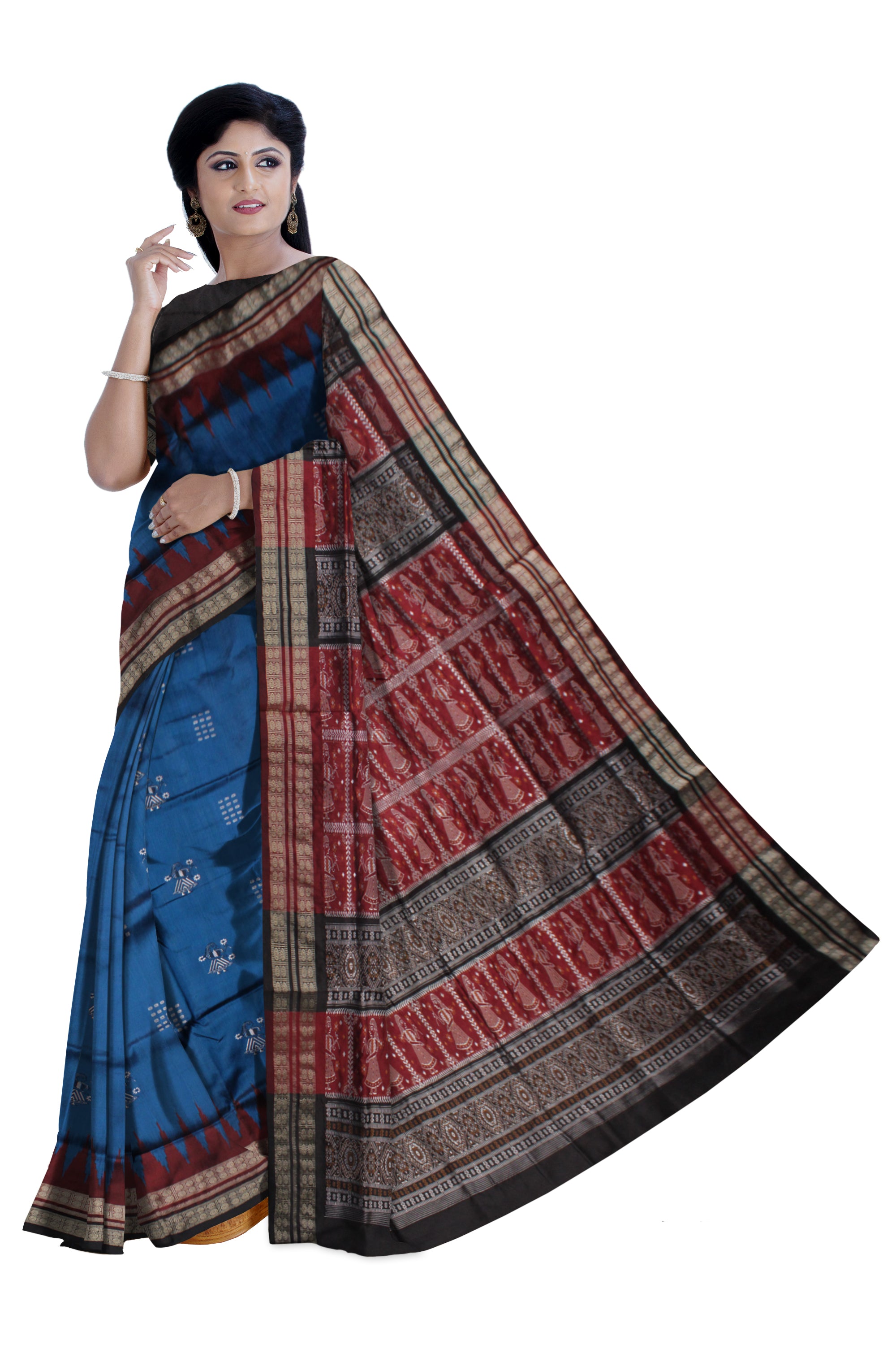SY-BLUE,MAROON AND BLACK COLOR DOLL PATTERN PATA SAREE,WITH BLOUSE PIECE. - Koshali Arts & Crafts Enterprise