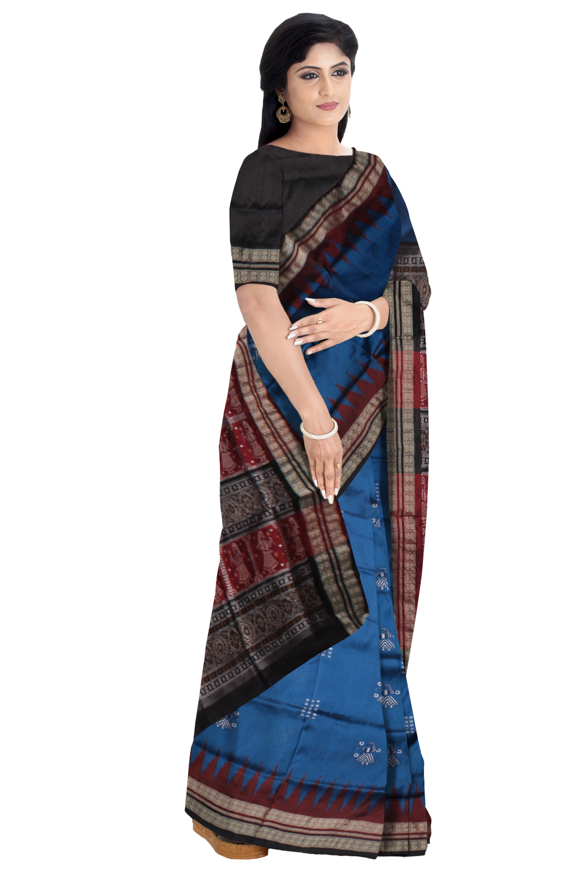 SY-BLUE,MAROON AND BLACK COLOR DOLL PATTERN PATA SAREE,WITH BLOUSE PIECE. - Koshali Arts & Crafts Enterprise