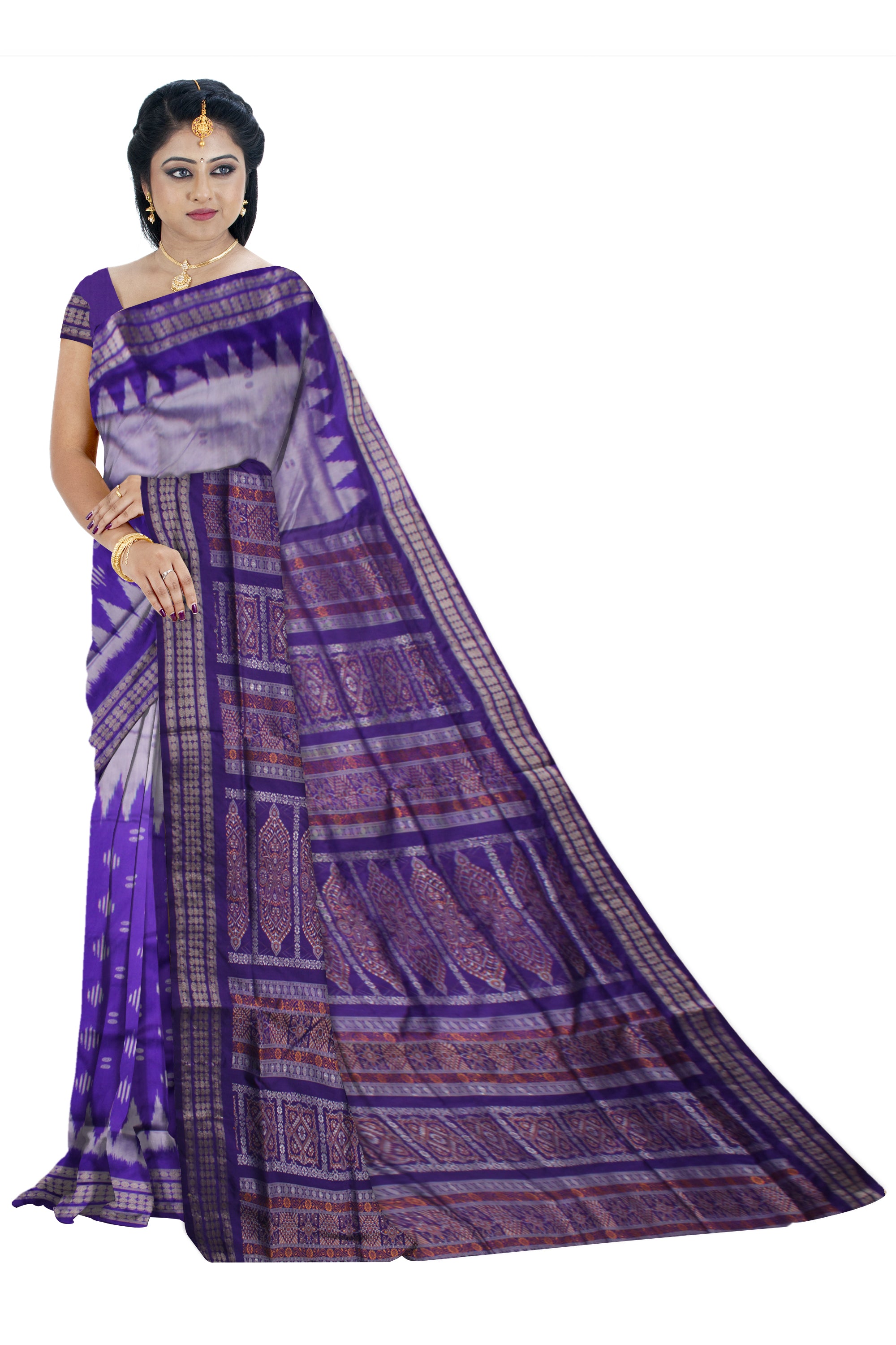 SILVER AND PURPLE COLOR IKAT PATTERN PATA SAREE, COMES WITH MATCHING BLOUSE PIECE. - Koshali Arts & Crafts Enterprise