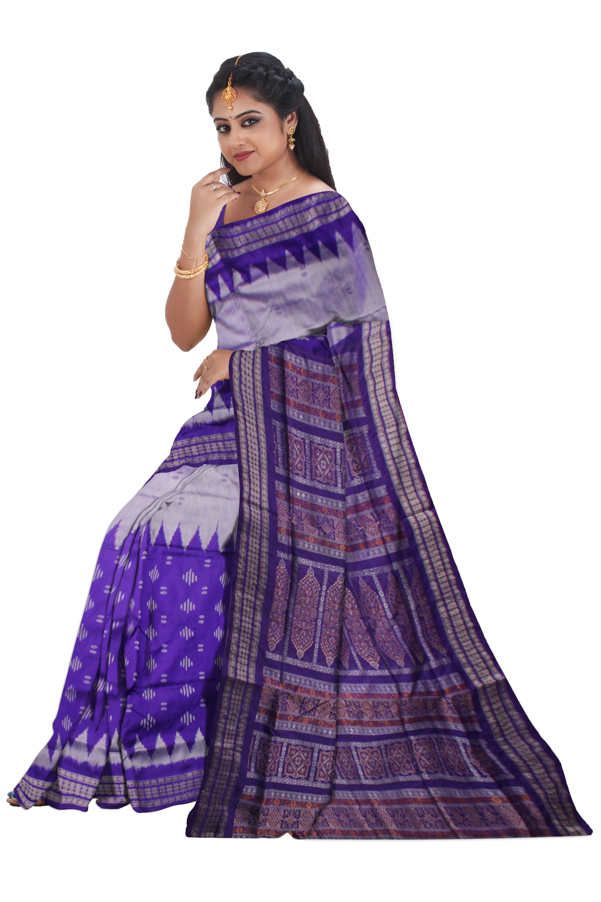 SILVER AND PURPLE COLOR IKAT PATTERN PATA SAREE, COMES WITH MATCHING BLOUSE PIECE. - Koshali Arts & Crafts Enterprise
