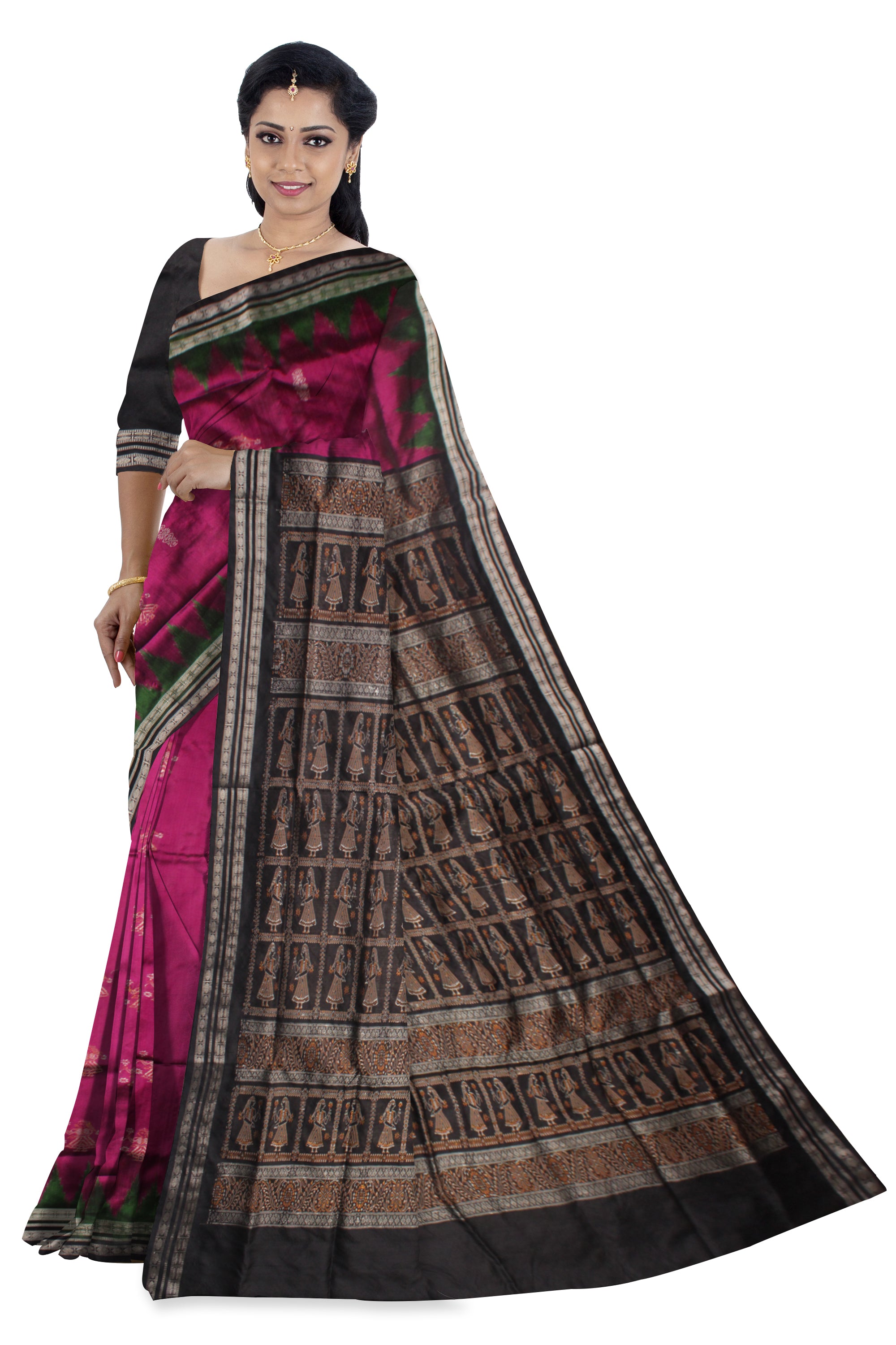 PALLU WITH  WHOLE BODY DOLL PRINT PATTERN PATA SAREE IS PINK ,GREEN  AND BLACK COLOR BASE,WITH MATCHING BLOUSE PIECE. - Koshali Arts & Crafts Enterprise